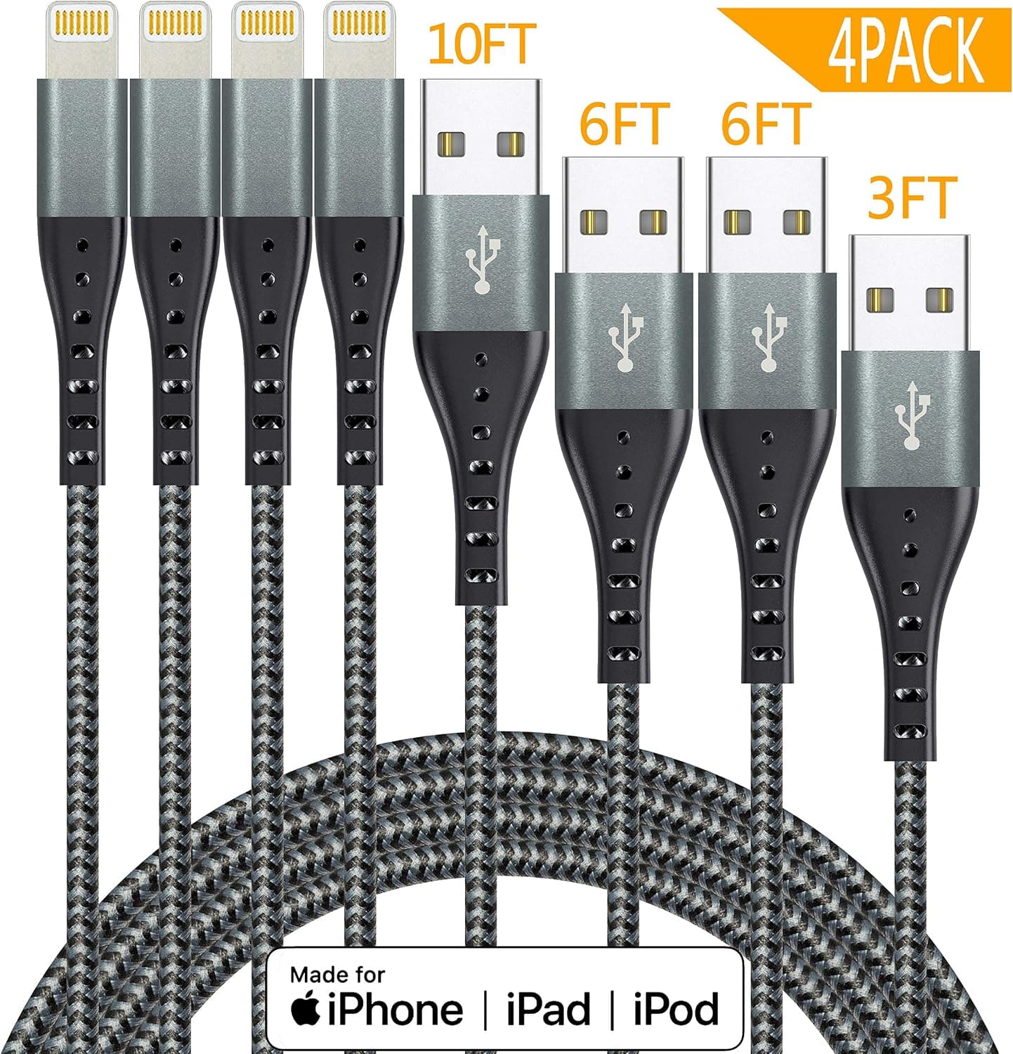 IDiSON 4Pack(10ft 6ft 6ft 3ft) Apple MFi Certified iPhone Lightning Cable Braided Nylon Fast Charger Cable Compatible iPhone Max XS XR 8 Plus 7 Plus 6s 5s 5c Air iPad Mini iPod (Silver Black)