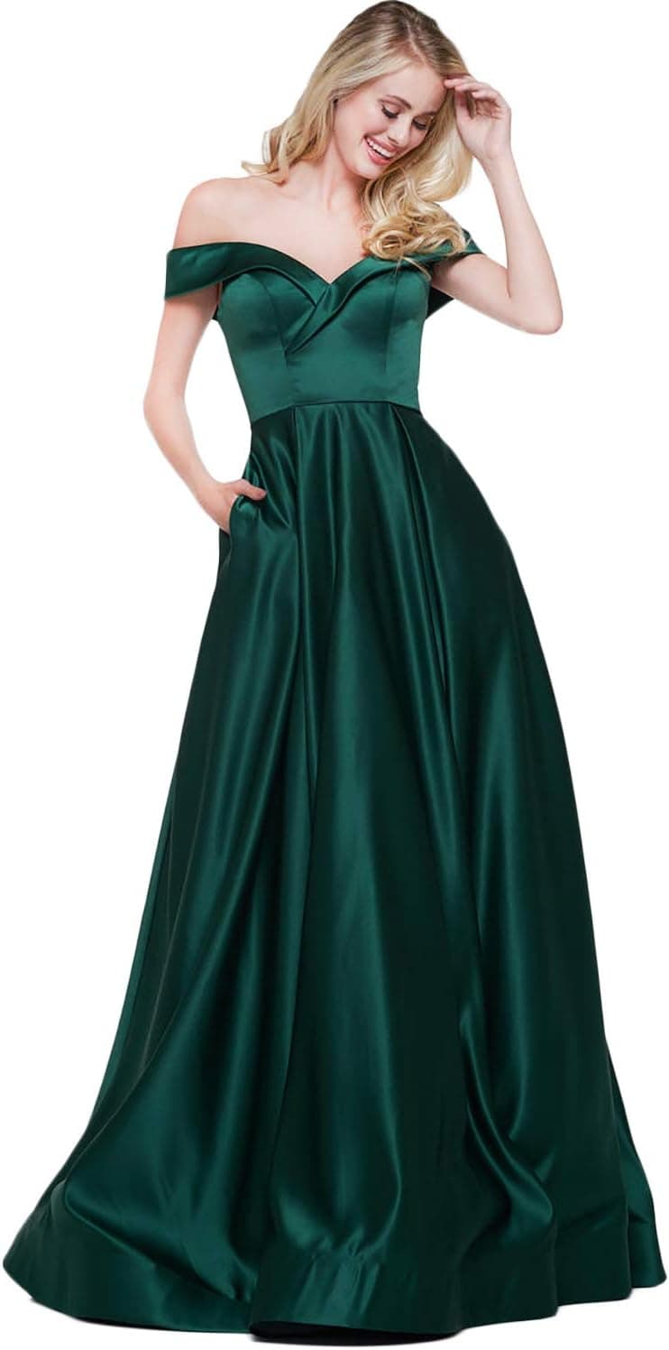 LMBRIDAL Women's Off The Shoulder Long Evening Dress Green Satin Formal Prom Gowns with Pockets LMA33 Green 20W