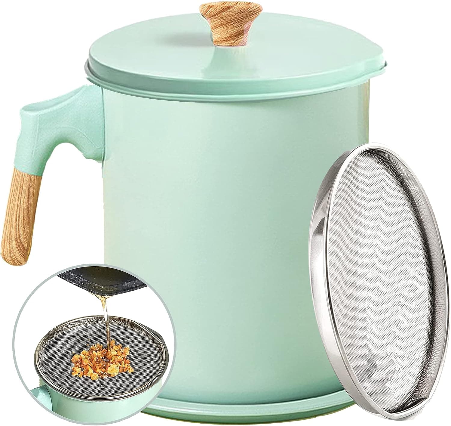 Bacon Grease Container with Strainer 58oz/1.7L Large Cooking Oil Can with Stainless Steel,with Dust-Proof,Oil Strainer Non-Stick Coaster,Easy Grip Handle and Easy Pouring,Dishwasher Safe