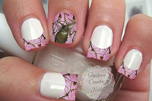 Pink Camo Deer French Tips and Full Nail Art Decals