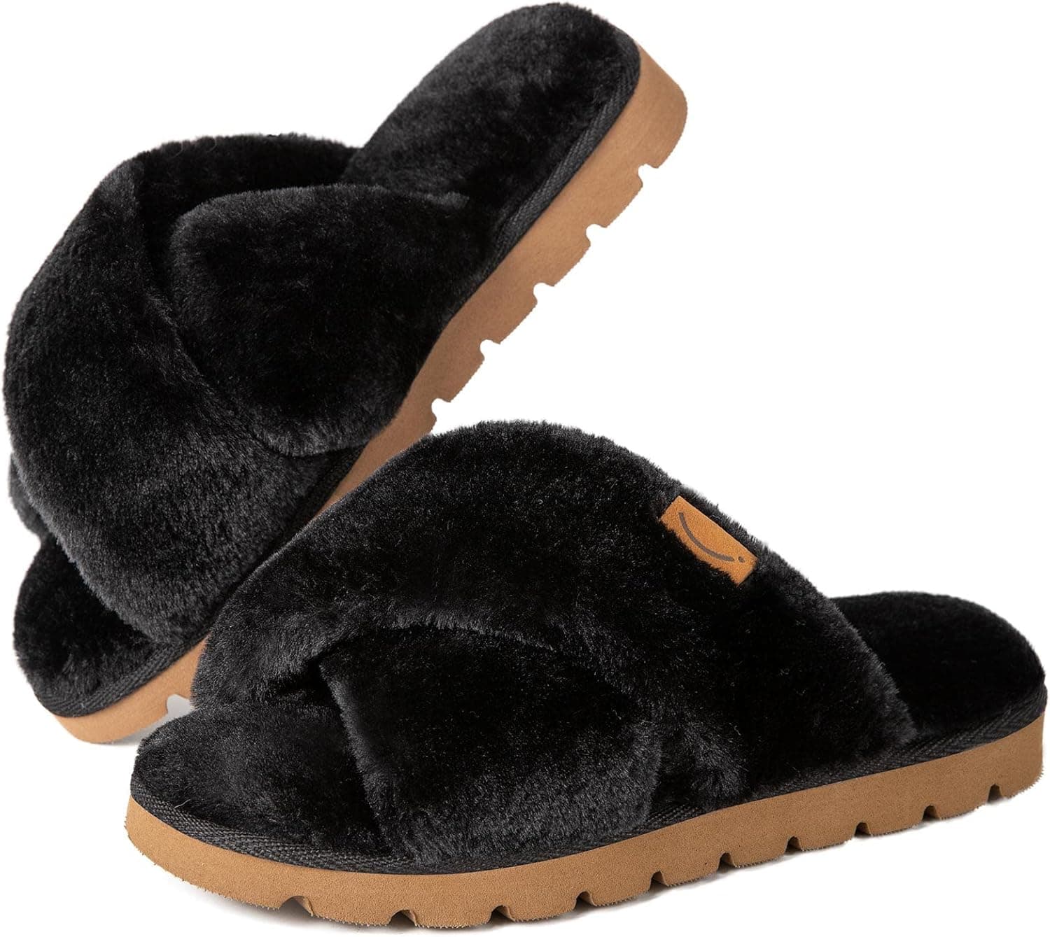 HomeTop Women's Fuzzy Soft House Slippers Sliders Plush Flat Sandals for Women Memory Foam House Shoes, Premium Cross Band Ladies Arch Support Slippers Comfy Bedroom Shoes Indoor Outdoor Slip On Breathable Open Toe Slippers