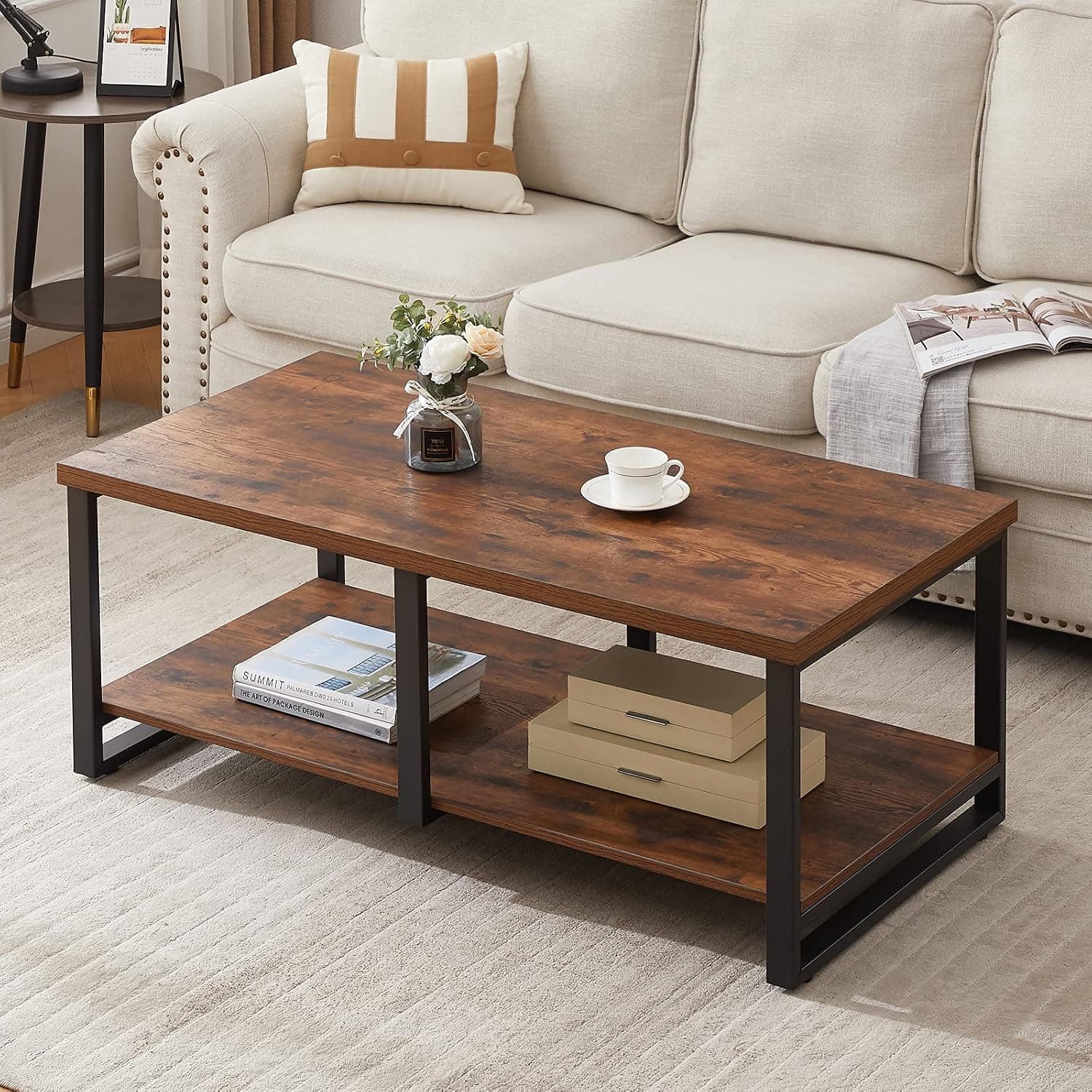 LIFUSTTG Coffee Tables for Living Room, Industrial Wood Cocktail Table with Storage Shelf, Rustic Living Room Table with Metal Frame, 47 Inch Rustic Brown