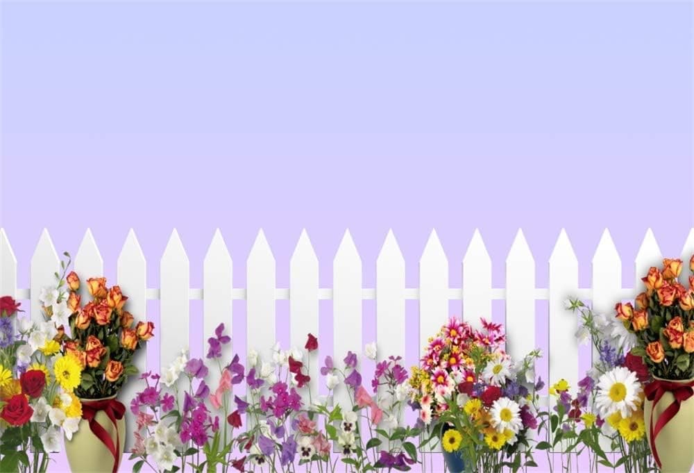 AOFOTO 6x4ft Beautiful Spring Backdrop White Picket Fence Flowers Floral Fairy Tale Sky Photography Background for Birthday Celebration Vacation Holiday Portraits Shooting Photo Booth Prop