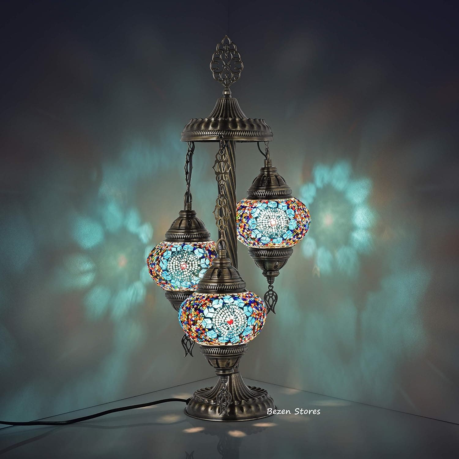 BEZENSTORE 11 VariationTurkish Moroccan Mosaic Table Lamp, 3 Globes Bohemian Bedside lamp Hand Made Ottoman Lamp (Blue Cute Cube)