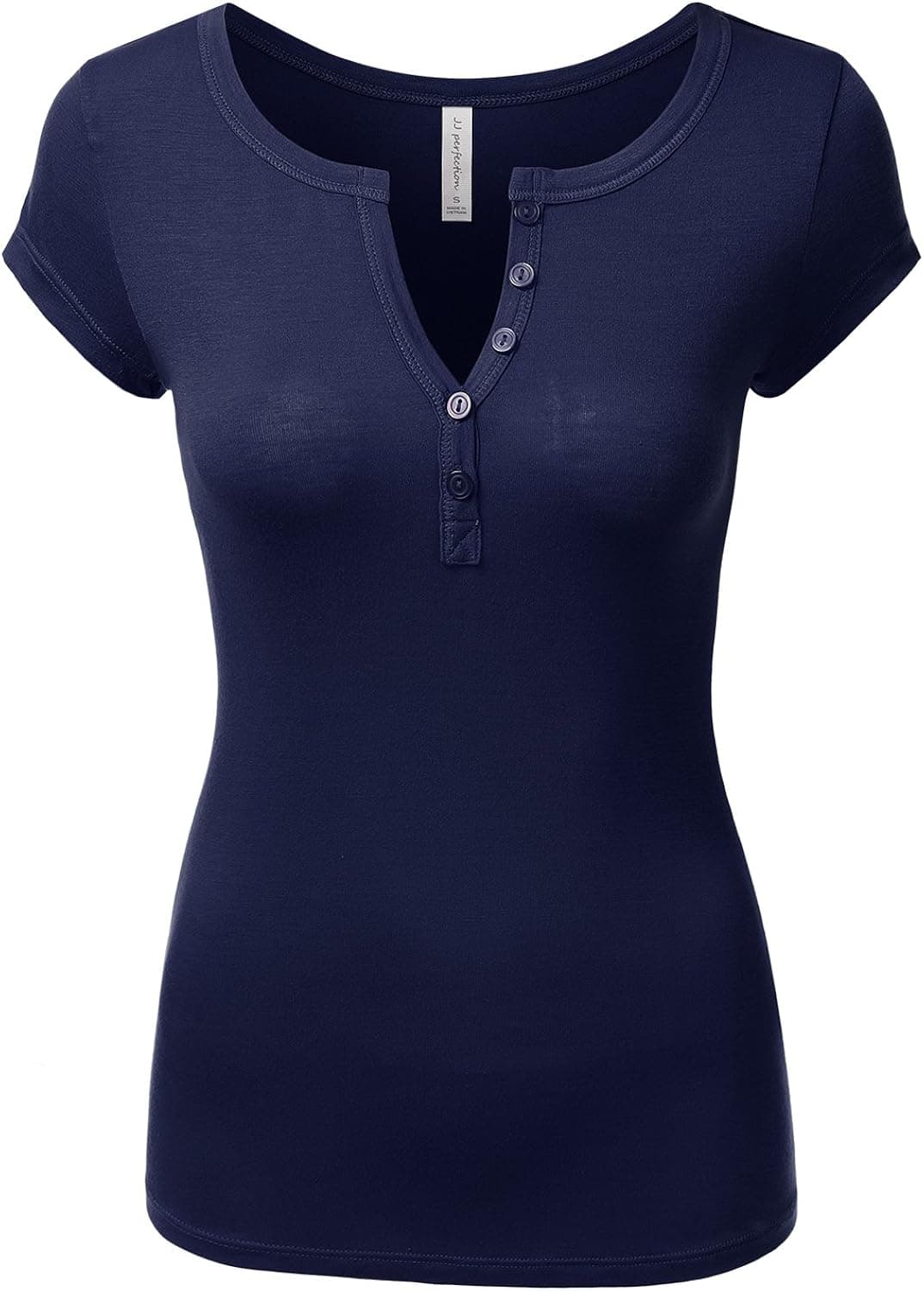 JJ Perfection Women's Short Sleeve Basic Henley Deep V-Neck Button Placket T-Shirt Navy 2XL