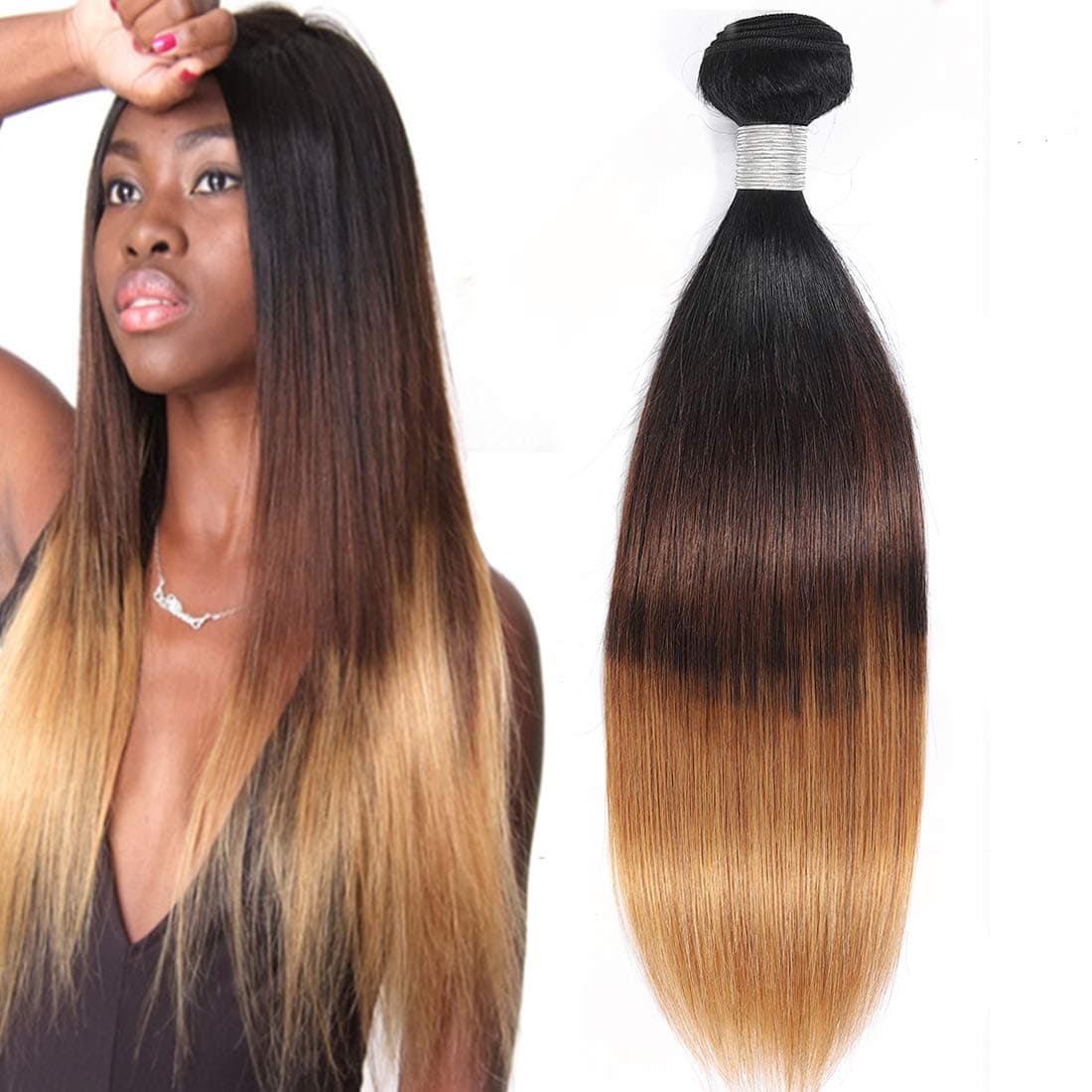 Misoun Ombre Hair Brazilian Ombre Straight Hair One Bundle 18inch 100% Unprocessed Human Hair Weave Extension 100+/-5g/pc (#1b/#4/#27,18)