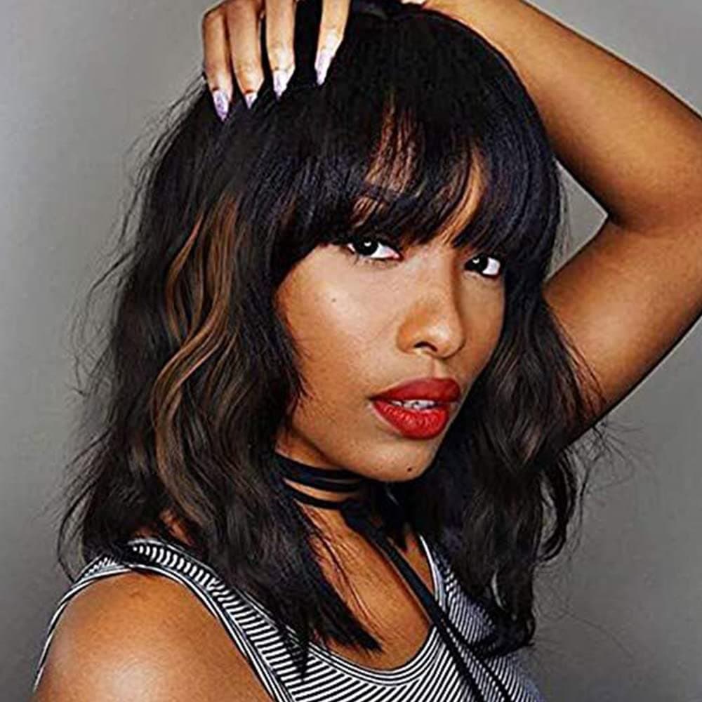 IQIIIK Short Wavy Bob Wig for Women Black Mixed Brown Wavy Bob Wig with Bangs Synthetic Wig Natural Looking (14 Inches)
