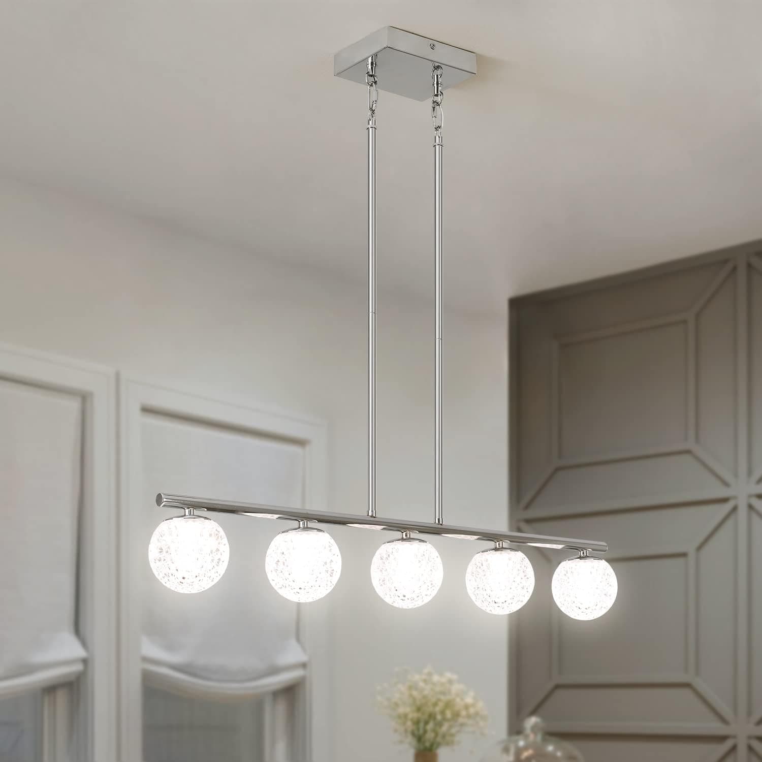generies Crystal Led Chandeliers 4000k Warm White, 5-Light Brushed Nickel Pendant Lighting for Kitchen Island,Rectangle Rustic Farmhouse Chandelier Chrome Flush Mount Ceiling Light for Foyer Hallway