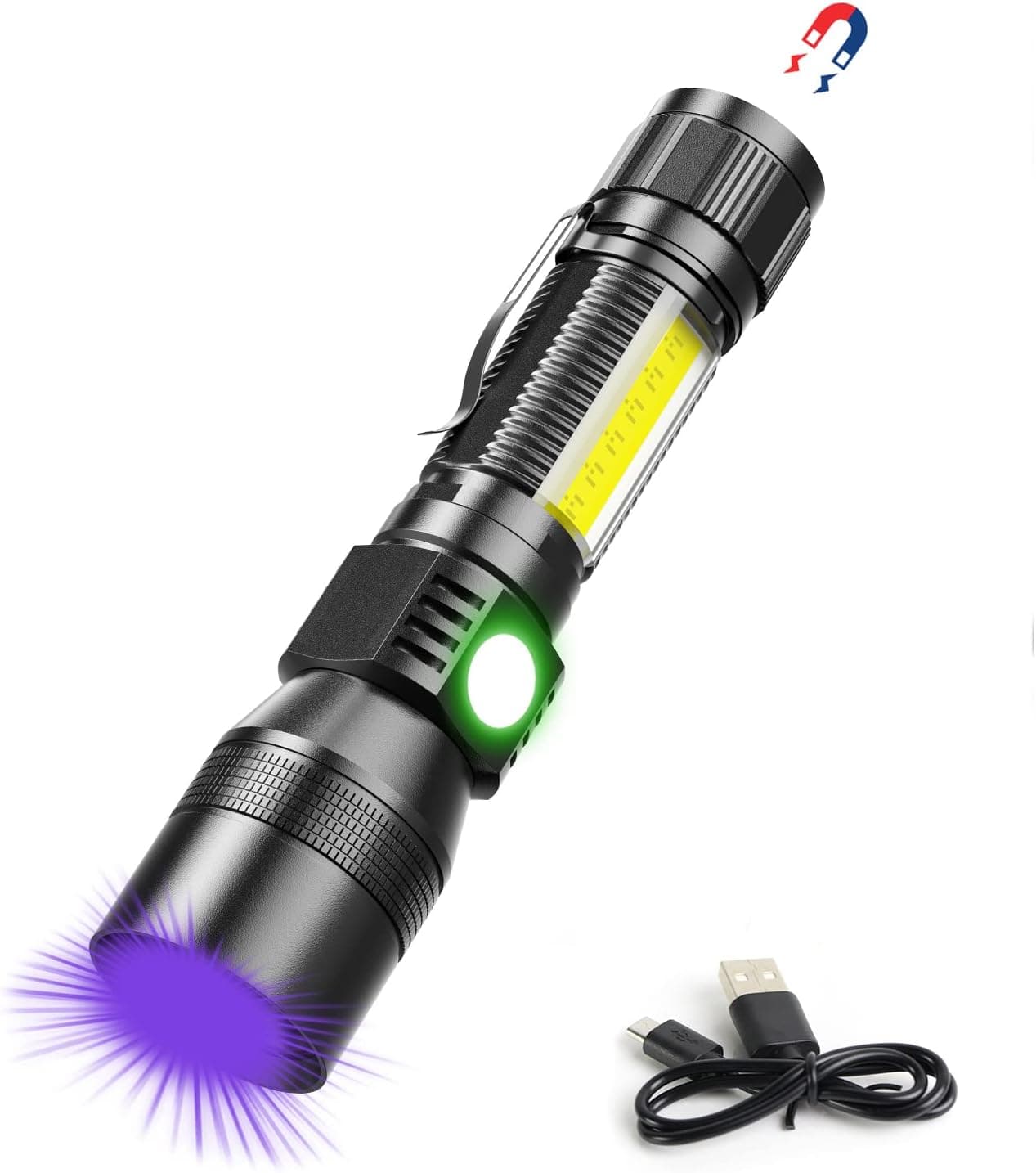UV Flashlight Blacklight, USB Rechargeable Flashlights Magnetic Flashlight with ‎SideLight, 1000LM Flashlight Black Light, COB Work Light, Zoomable, Waterproof Worklight, Pet Urine