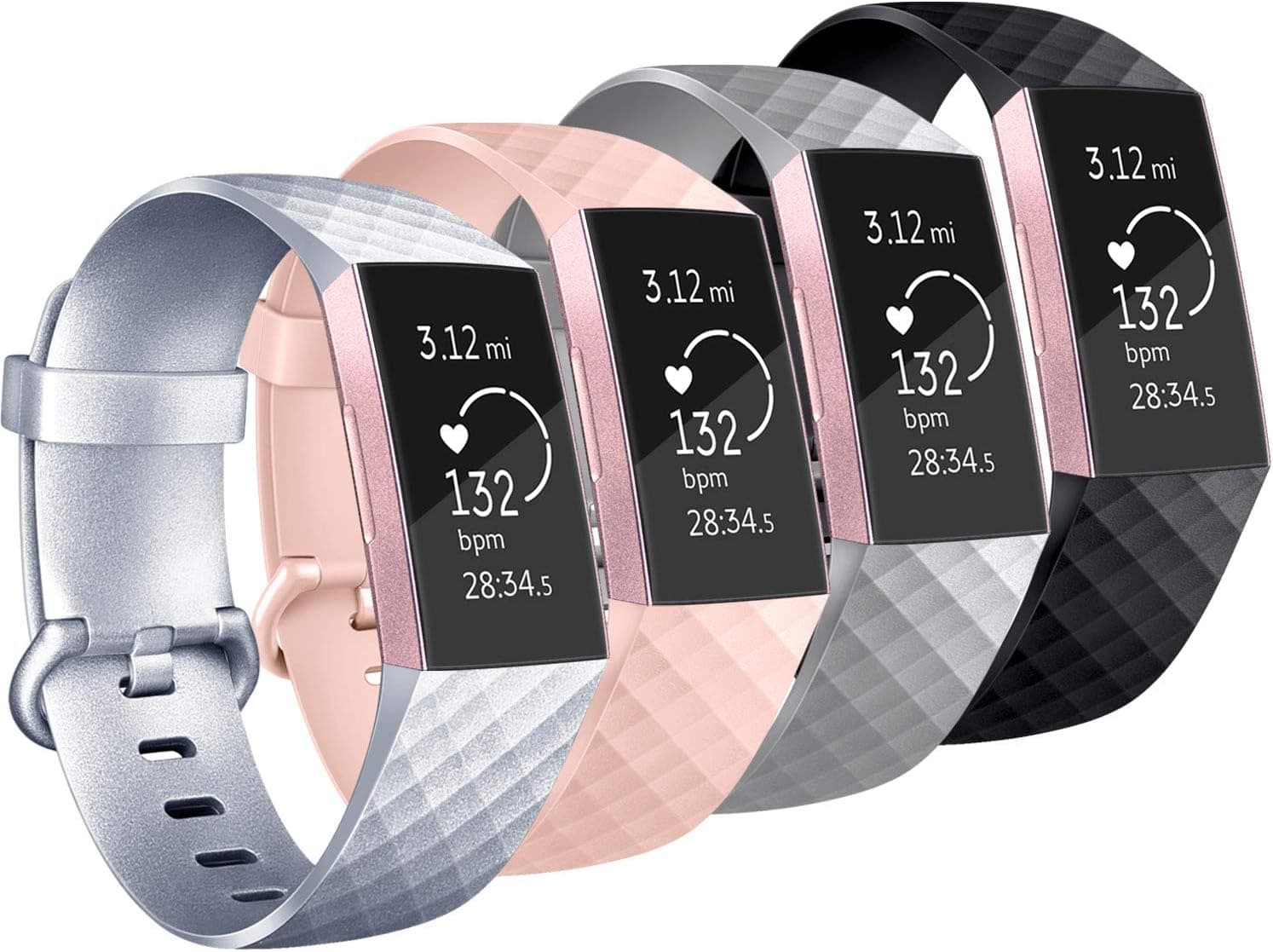 Vancle Pack 4 Silicone Bands Compatible with Fitbit Charge 3 Bands for Women Men, Rose Gold Silver Sport Wristbands for Fitbit Charge 3/Fitbit Charge 3 SE (Silver/Pink/Gray/Black, Small)