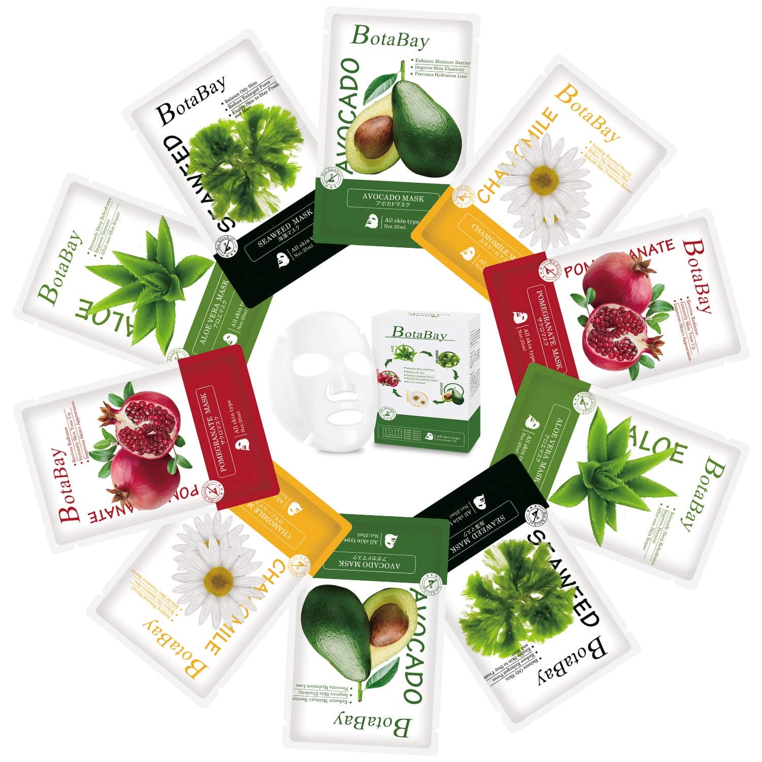 BotaBay Face Mask Sheet for Sensitive Skin, Hydrating Facial Sheet Mask Natural Plant Essence Mask Sheet Pack（10Pcs）