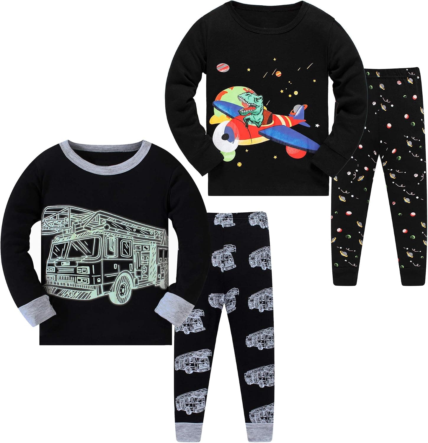 AmberEft Boys Pajamas Kids PJs Cars Dinosaur Rocket Space 4-Piece PJs Long Sleeve Sets Sleepwear 2-12 Years
