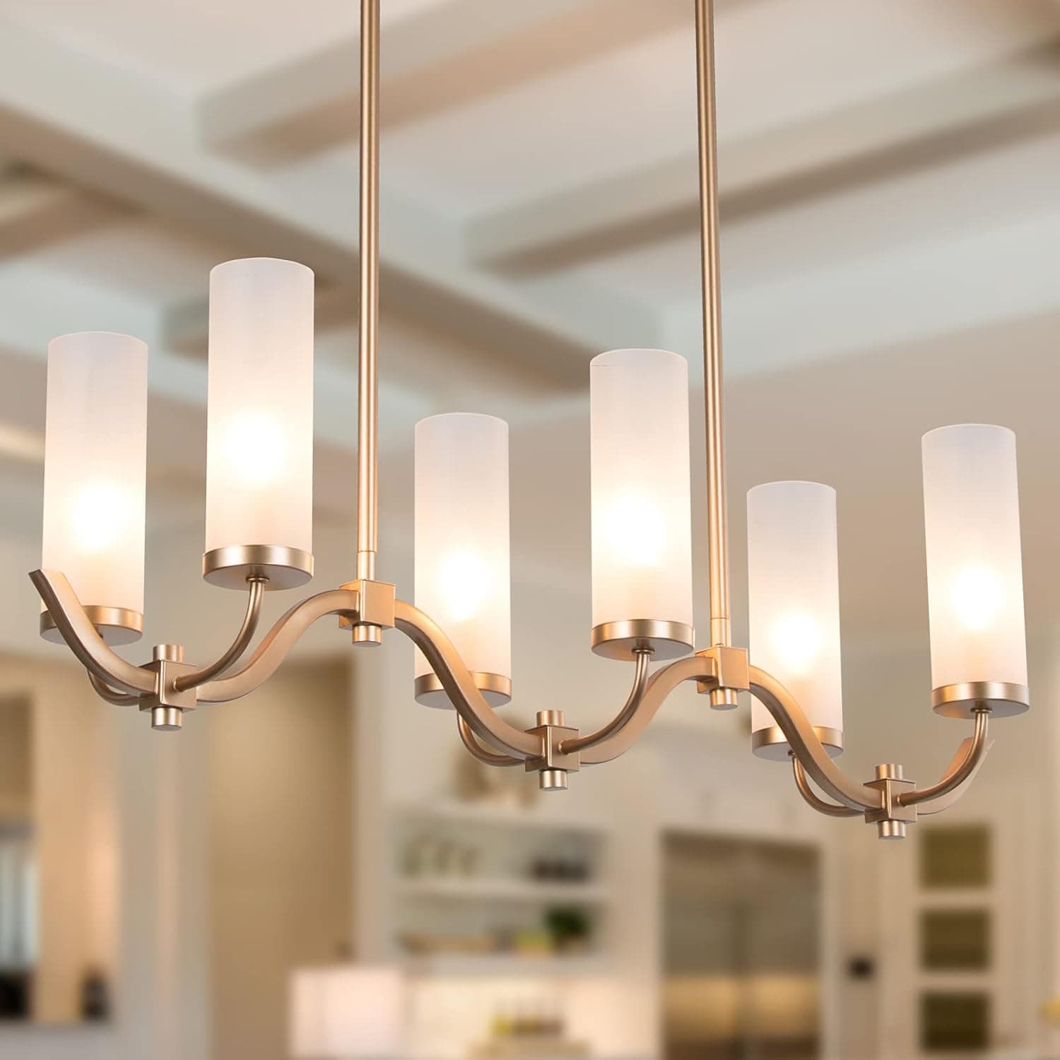 PHOSANT LIGHTING Gold Chandelier, 6-Light Modern Farmhouse Chandelier for Kitchen Island, 30" Dining Room Light Fixture with Frosted Glass Shades