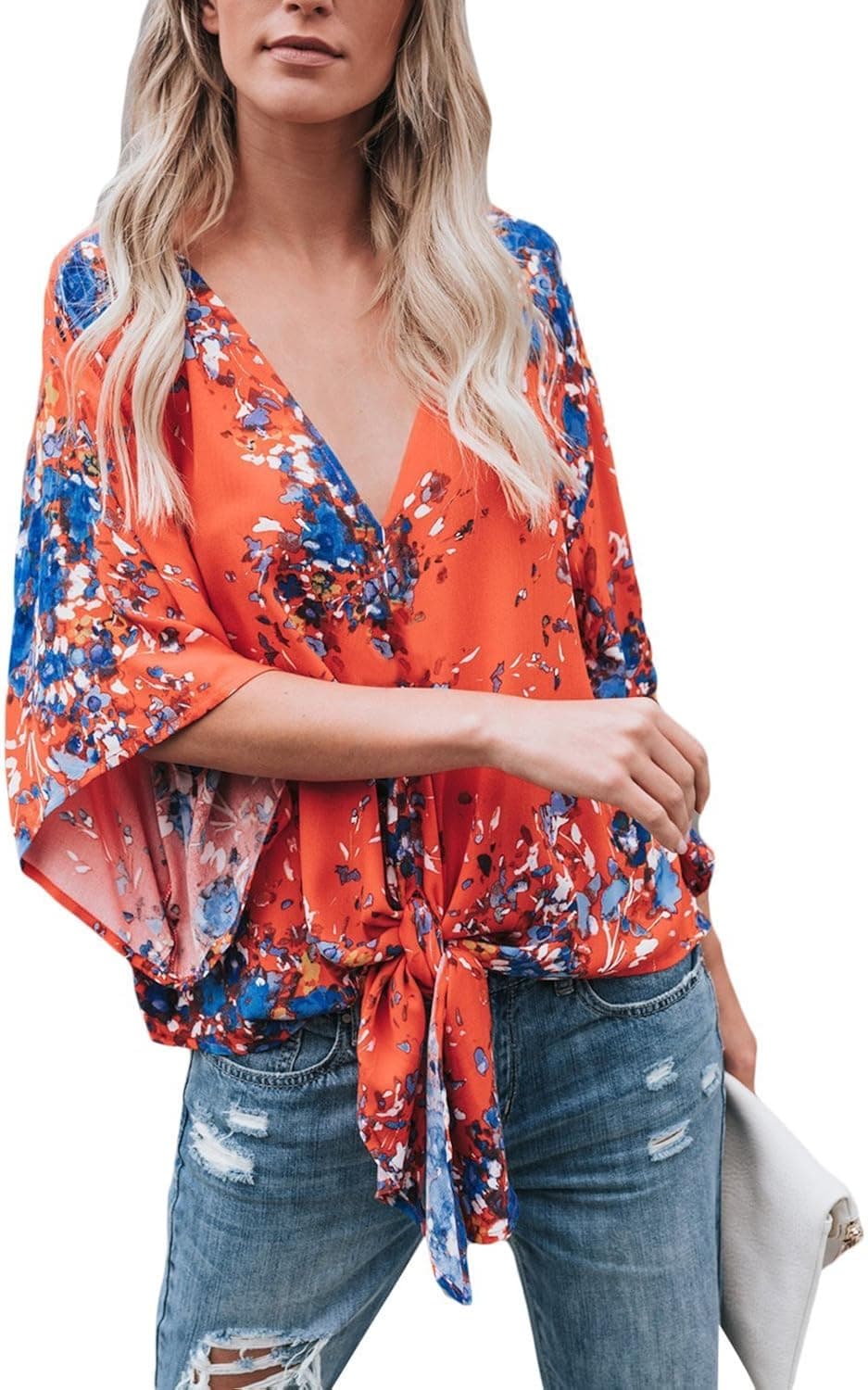 Womens Blouses 3/4 Sleeve Floral Printed V Neck Casual Flare Tops Plus Size Red S