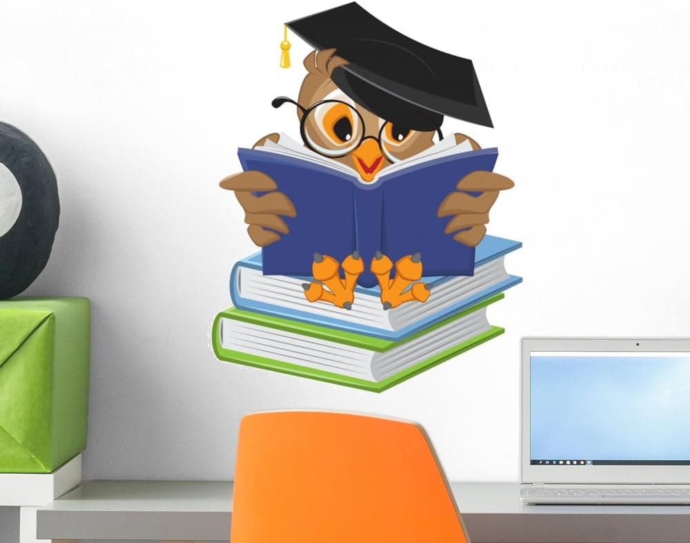 Wallmonkeys Wise Owl Reading Book Wall Decal Peel and Stick Graphic WM148944 (18 in H x 14 in W)