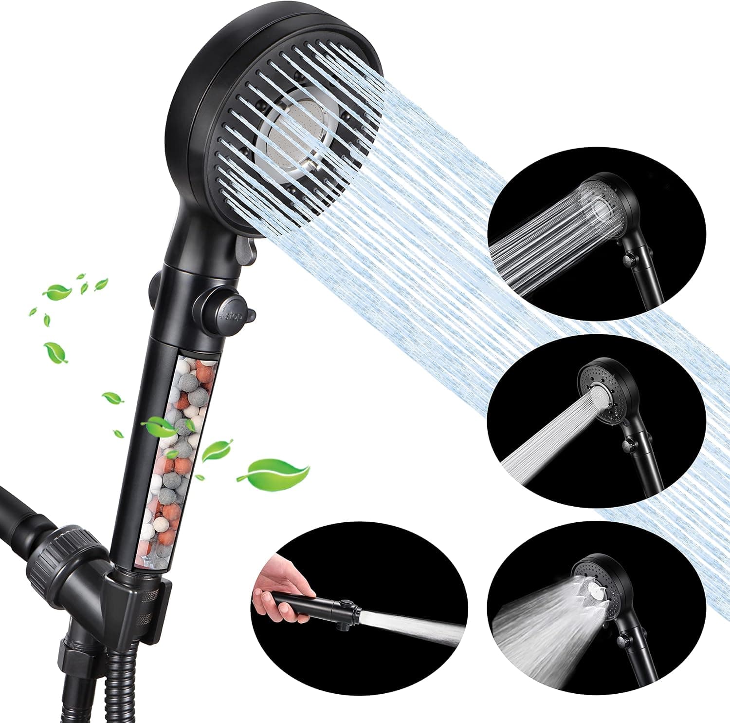 High Pressure Filter Handheld Shower Head with 59 Inch Stainless Steel Hose and Multi Angle Adjustable Shower Bracket, Water Saving Natural Spa Rainfall 3 Mode Matte Black Hand Held Showerhead