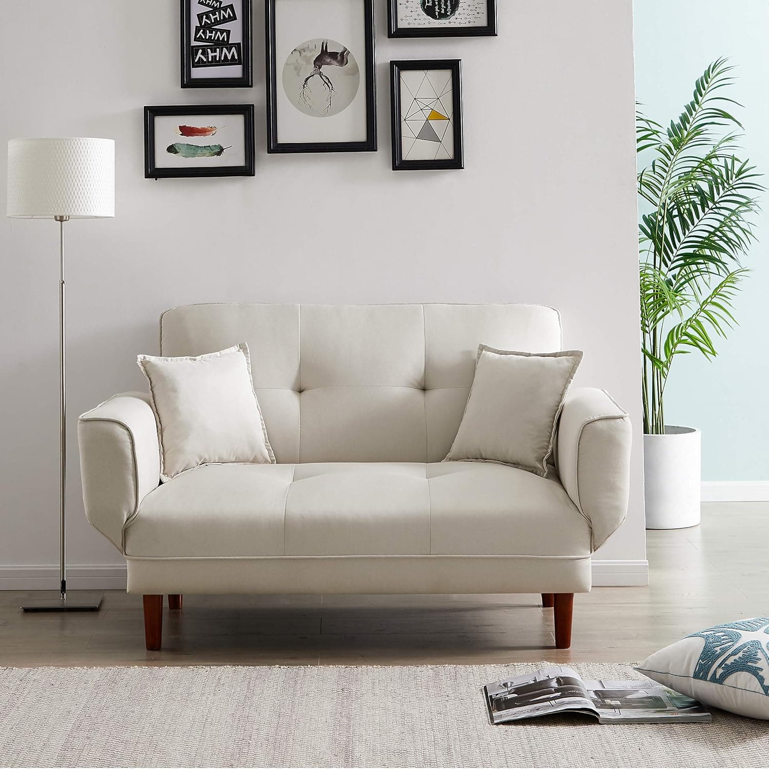 Convertible Futon Sofa Bed with 2 Pillows, Small Loveseat Sleeper Sofa Futon Couch, Recliner Couch with Adjustable Armrest and Wood Legs, Living Room Sofa with 5-angle Backrest for Small Space (Beige)