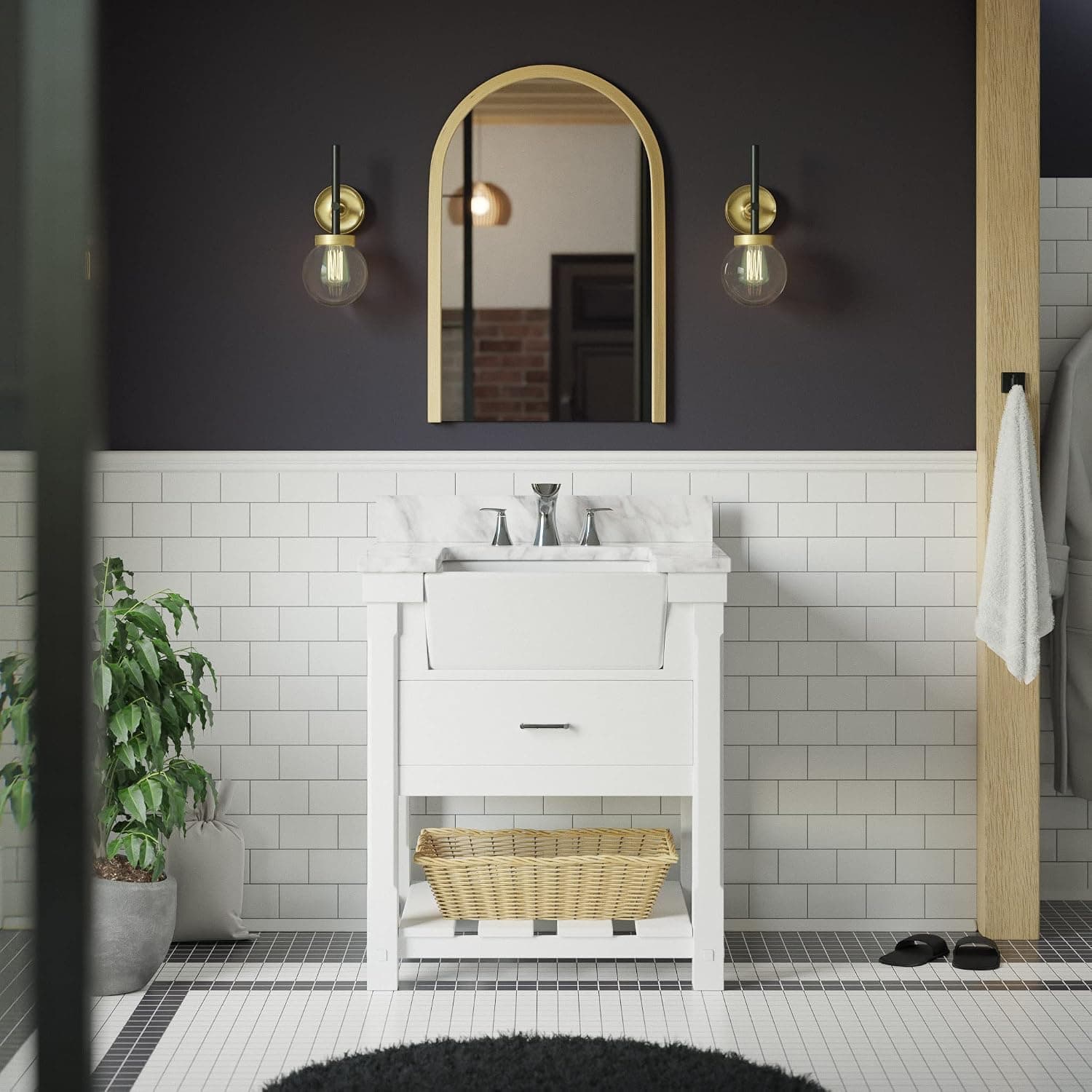 Charlotte 30-inch Bathroom Vanity (Carrara/White): Includes a Carrara Marble Countertop, White Cabinet with Soft Close Drawers, and White Ceramic Farmhouse Apron Sink
