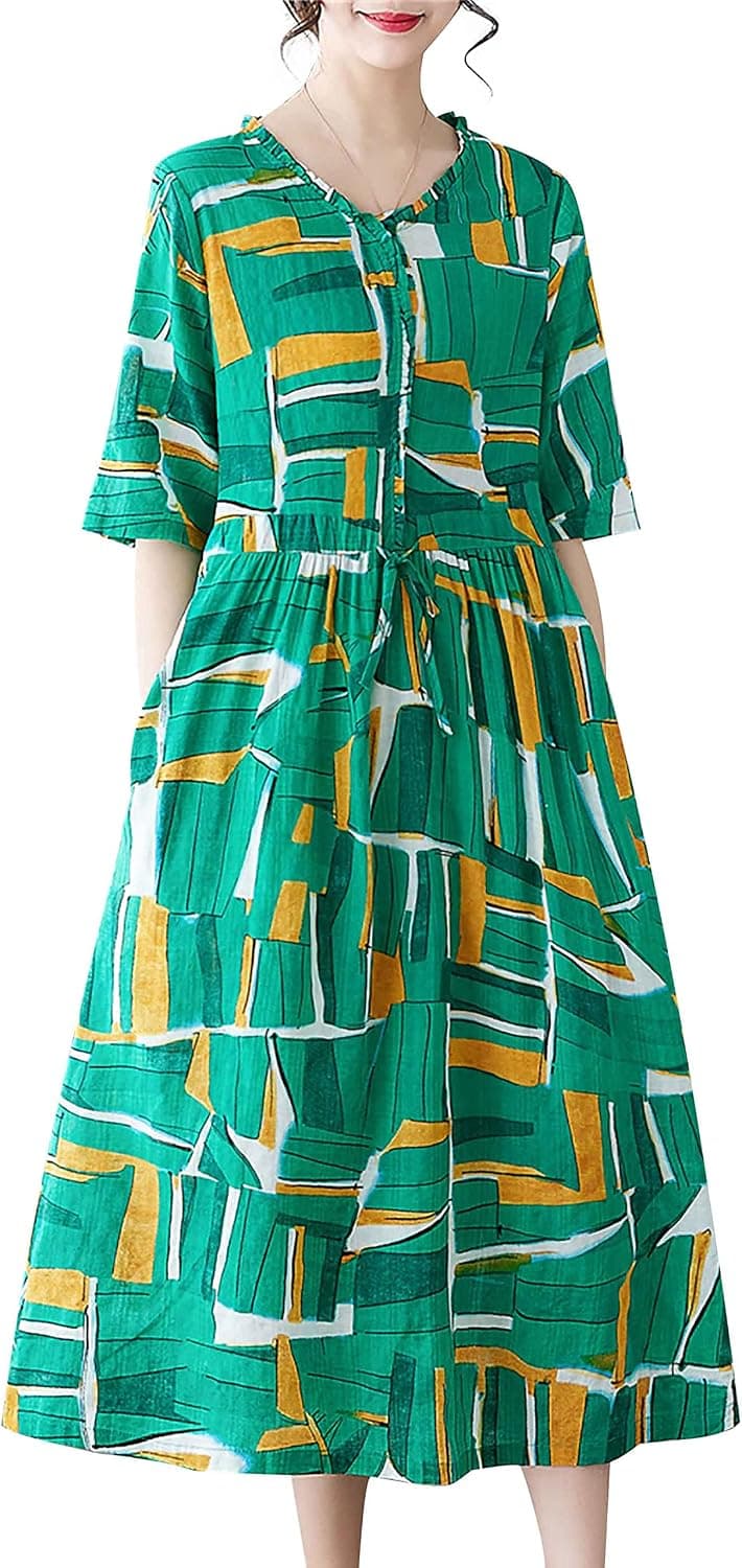 DOVWOER Women's Floral Print Ruffles Midi Dress Casual Loose 3/4 Sleeve Dresses with Pockets