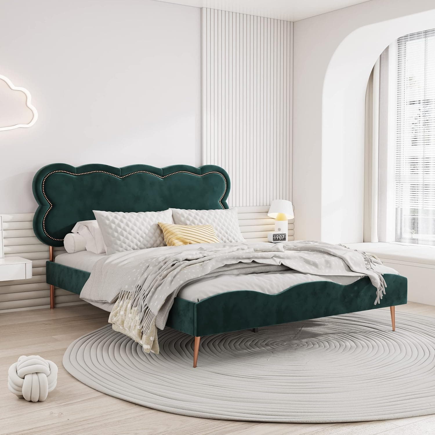 RYR Queen Size Upholstered Platform Bed Frame with Headboard,Heavy Duty Steel Slat Support No Box Spring Required Ink Green (G-108IGQ)