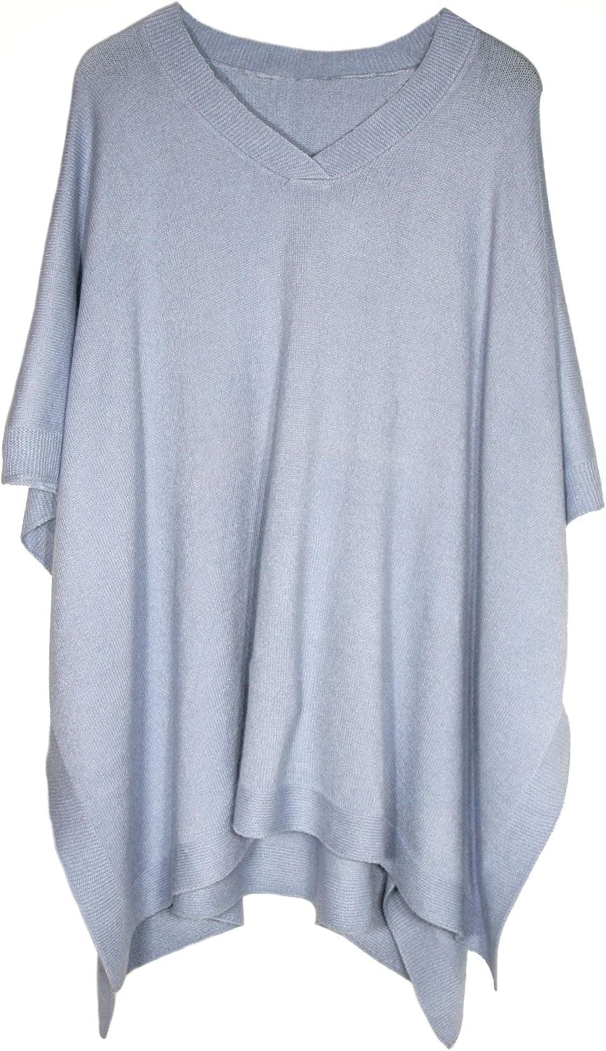 Modena Women's Extrasoft Fine Knit Pullover Poncho. Sleeveless, Open Sides. V Neck Easy On and Off. Lt Blue
