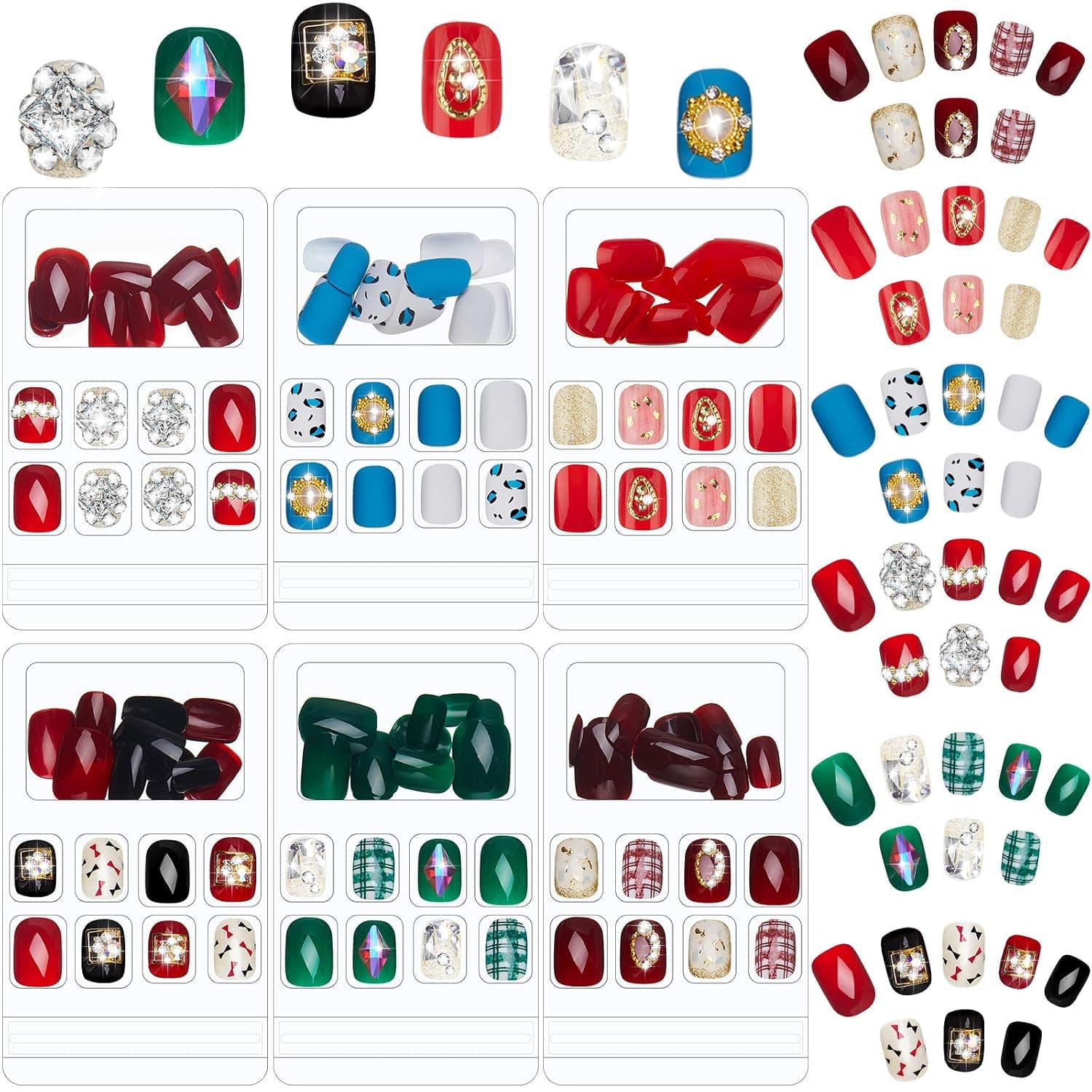 144 Pieces 6 Boxes Short Square Press on Nails Full Cover False Nails with Rhinestone Artificial Nail Tips Glossy Fake Nails for Women Girls Nail Art Salon Decoration (Novel Pattern)