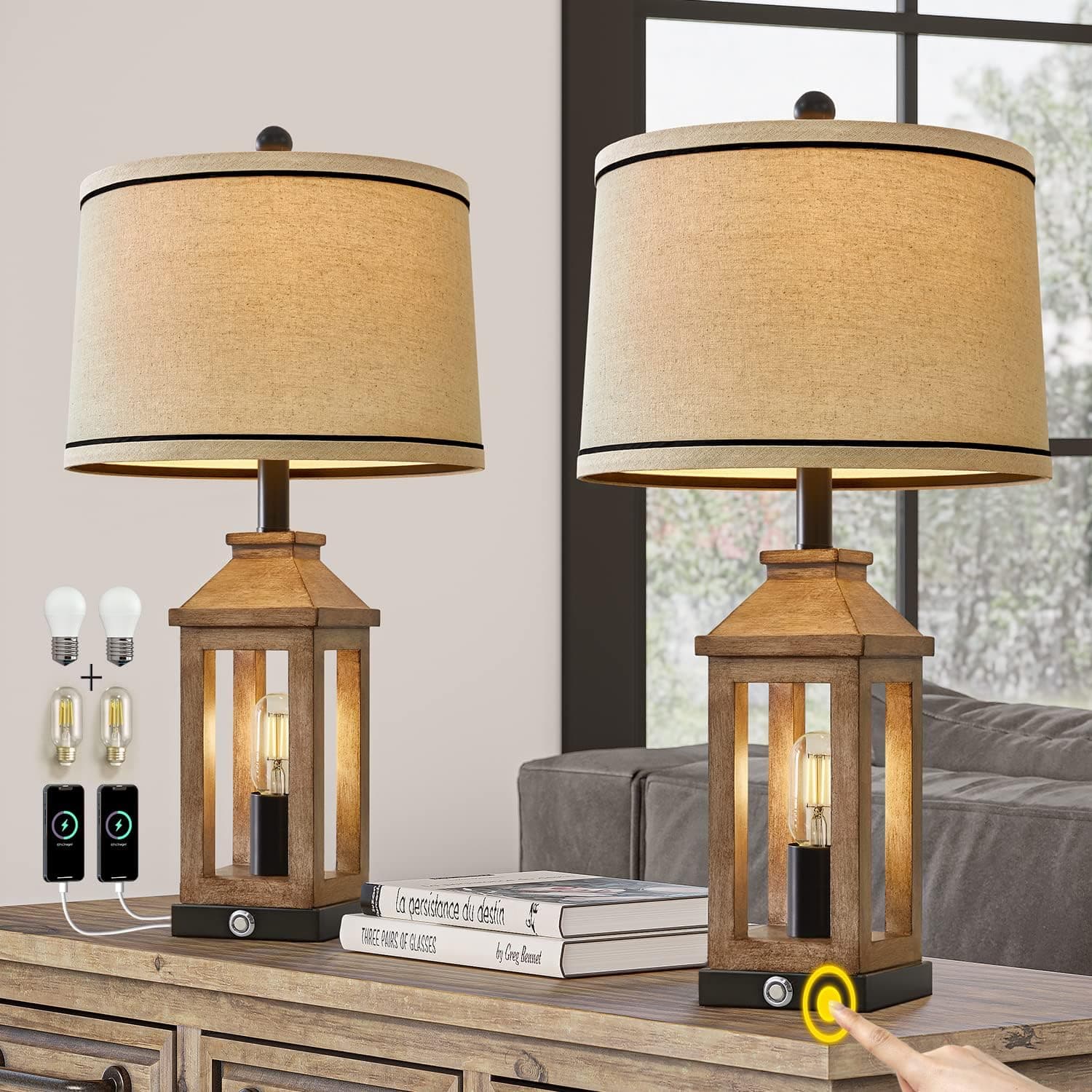 G-SAFAVA 25.25 inch Farmhouse Table Lamp Set of 2 with 2 USB Ports, 3 Way Dimmable Touch Control Nightstand Lamp，Vintage Modern Desk Lamps for Living Room Bedroom, 4 Bulbs Included