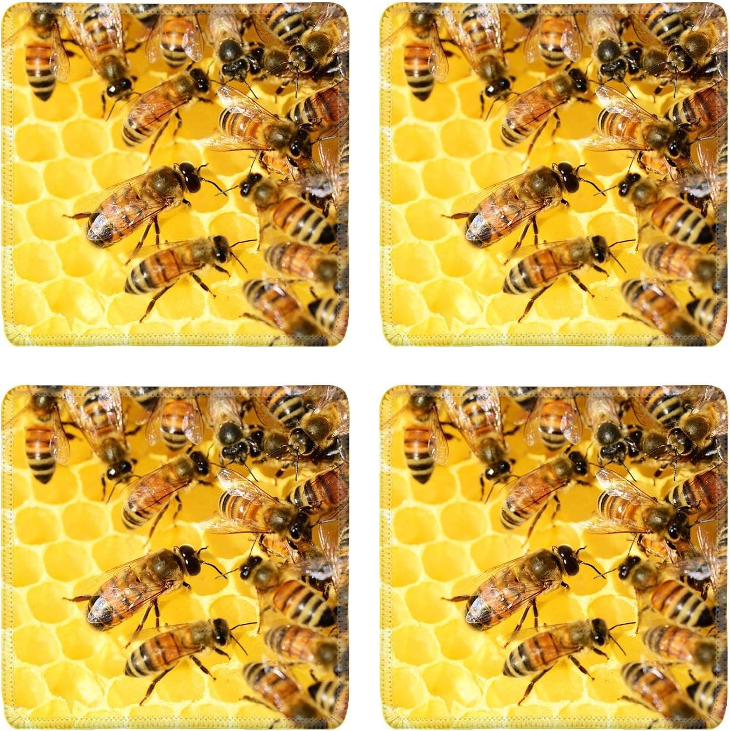 MSD Natural Rubber Square Coasters Set of 4 Design for Cell Honey Beeswax Wax Hexagon Nature Beehive Bee Yellow Animals Beekeeper