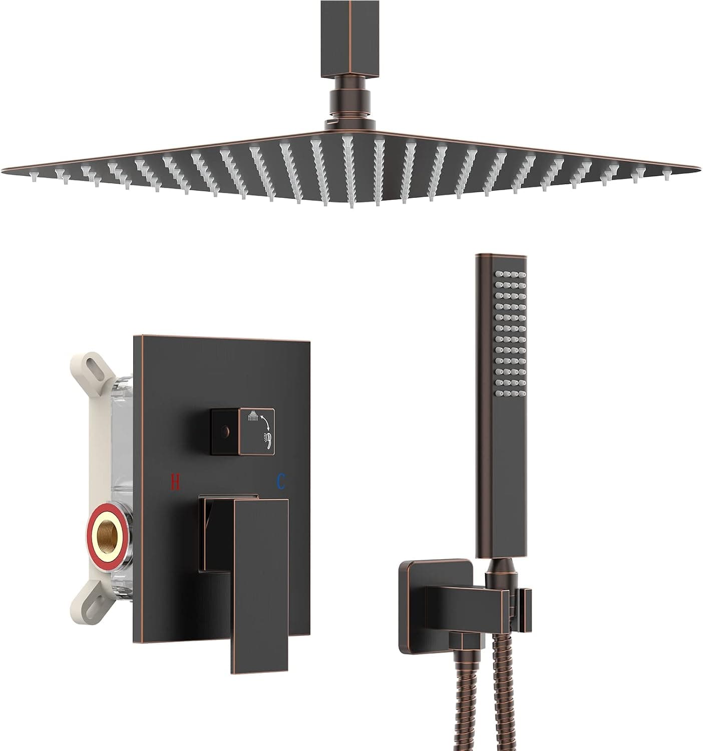 IRIBER Oil Rubbed Bronze Ceiling Mount Rain Shower System with 12 Inch Shower Head and Handheld Bathroom Square Shower Faucet Set Contain Shower Mixer and Trim Kit (Valve Included)