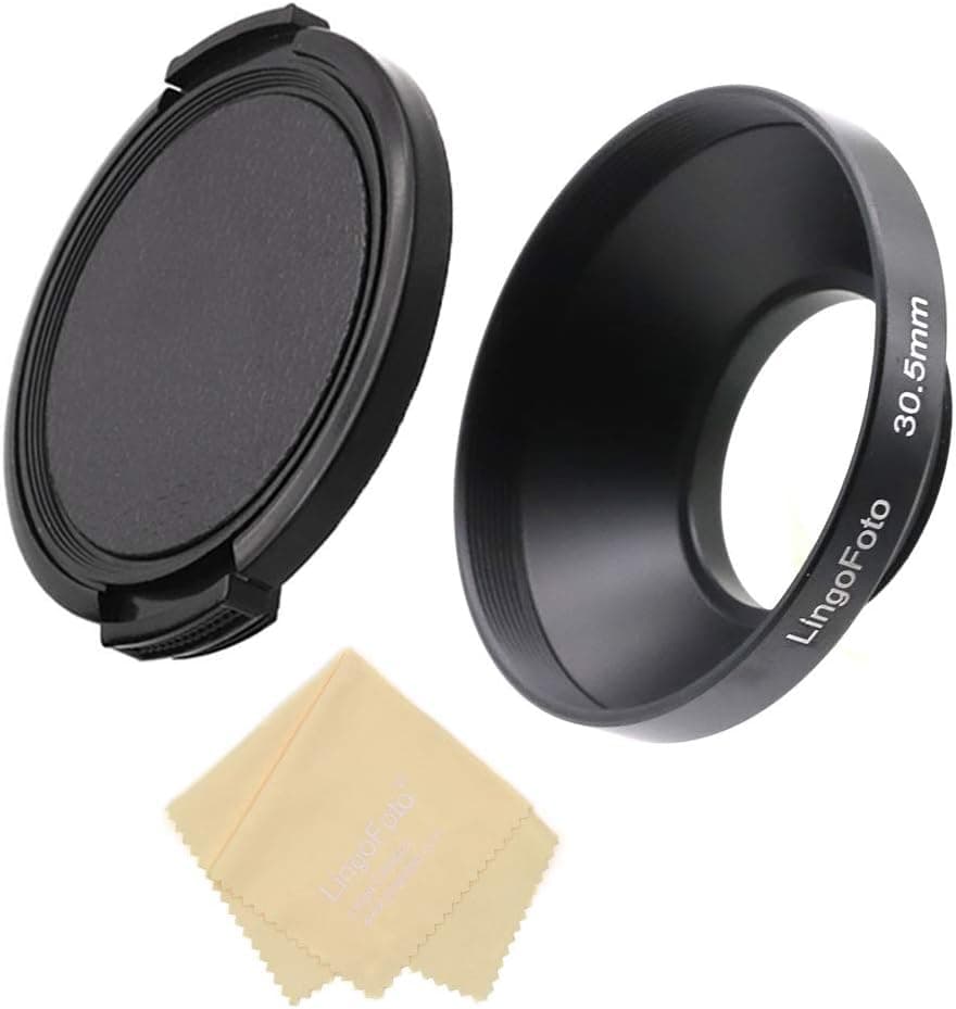 LingoFoto 30.5 mm Wide Angle Lens Hood Shade with 52mm Side Pinched Lens Cap and Lens Cloth, Metal Screw in Lens Hood for Canon Nikon Sony Fuji Leica Leitz Olympus Panasonic Pentax Lens