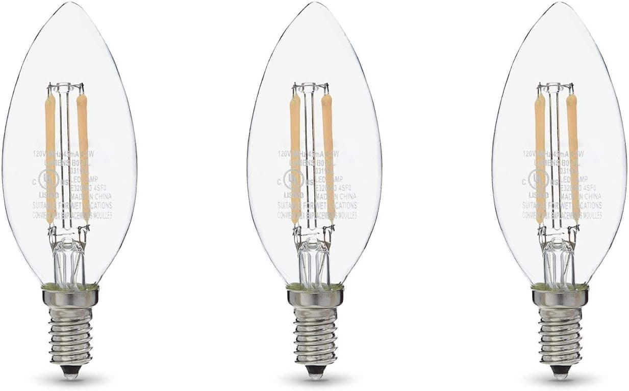 Amazon Basics 60W Equivalent, Clear, Soft White, Dimmable, 15,000 Hour Lifetime, B11 (E12 Candelabra Base) LED Light Bulb | 3-Pack