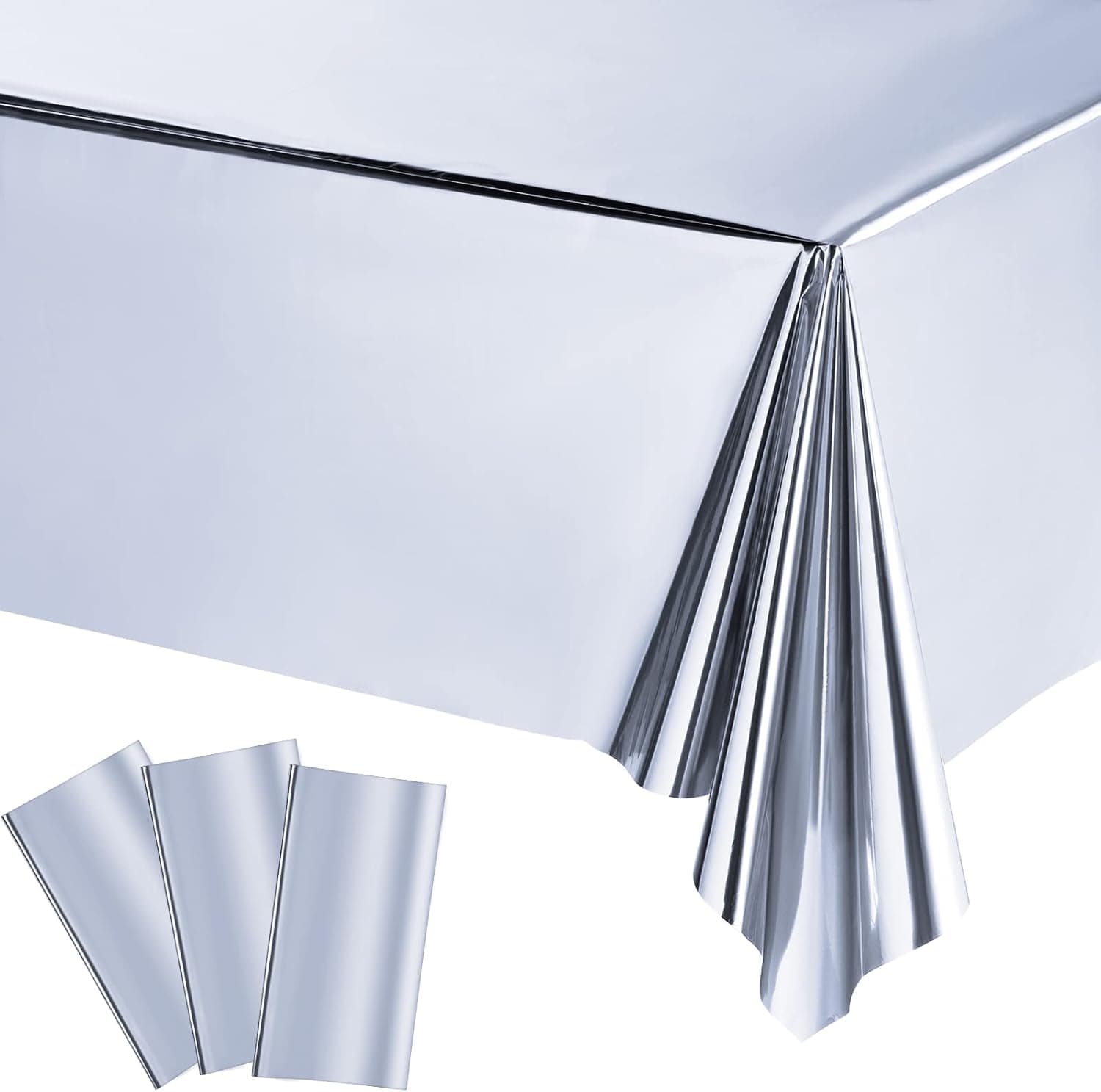 Foil Party Rectangular Table Covers Table Cloth 54 x 108 Inch Shiny Plastic Waterproof Tablecloth Party Table Cover for Wedding Anniversary Engagement Party (Silver, 3 Pieces)
