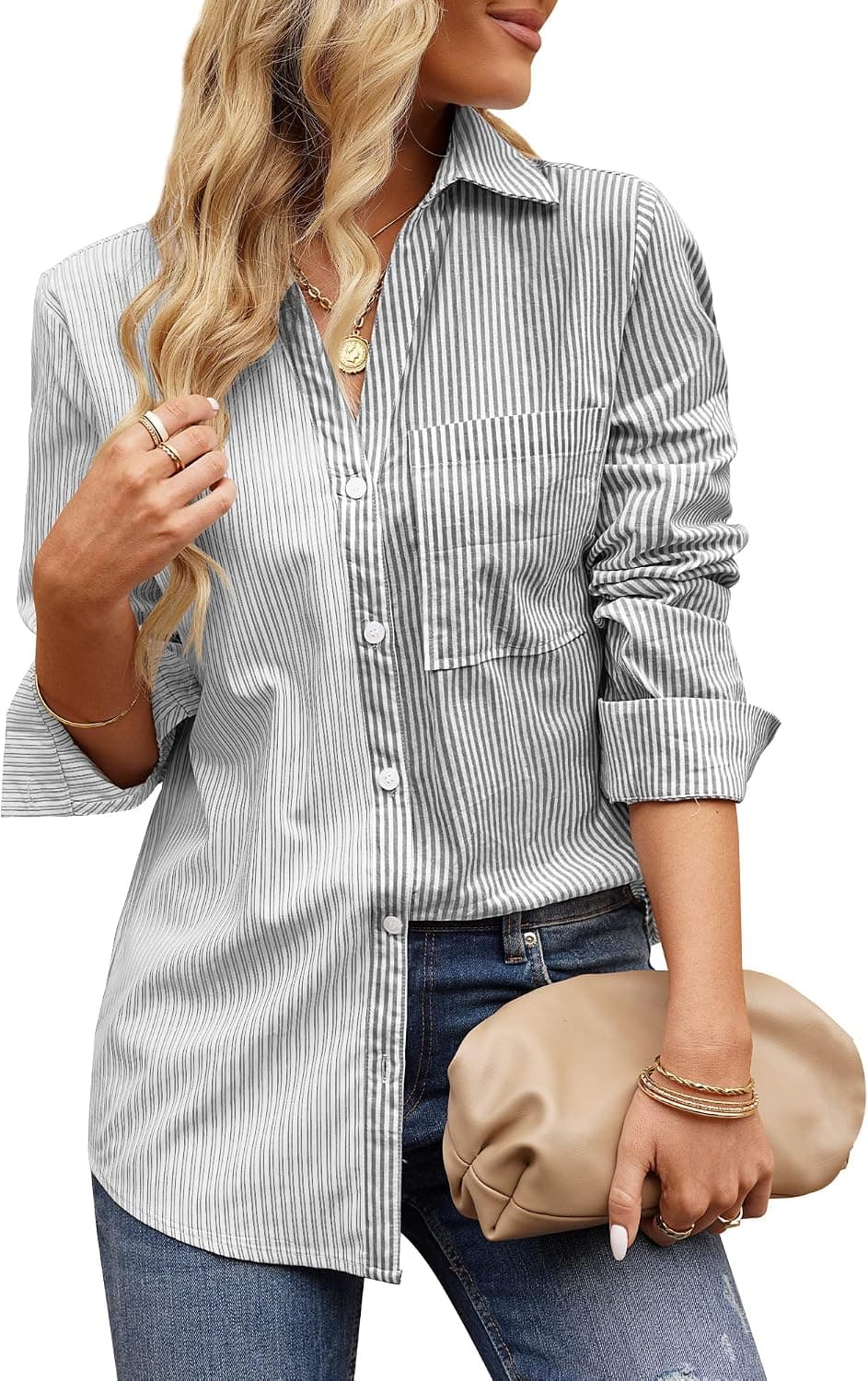 GRAPENT Women's Casual Button Down Shirt Striped Blouse Colorblock Long Sleeve Top