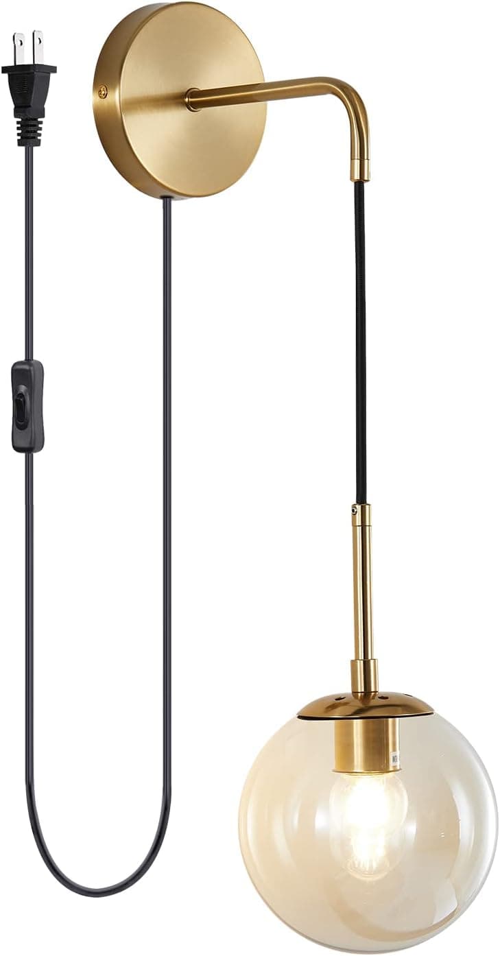 KCO Lighting Mid Century Modern Gold Globe Wall Lamp with Plug in Cord Minimalist Glass Ball Wall Sconce Vintage Industrial Wall Mounted Lighting Reading Light (Amber)