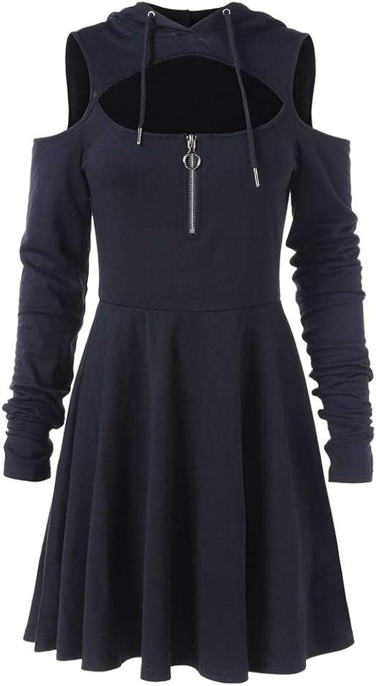 Lowprofile Low Cut Dress Women Cold Shoulder Zipper Hoodie Long Sleeve Solid Skater Dress Black