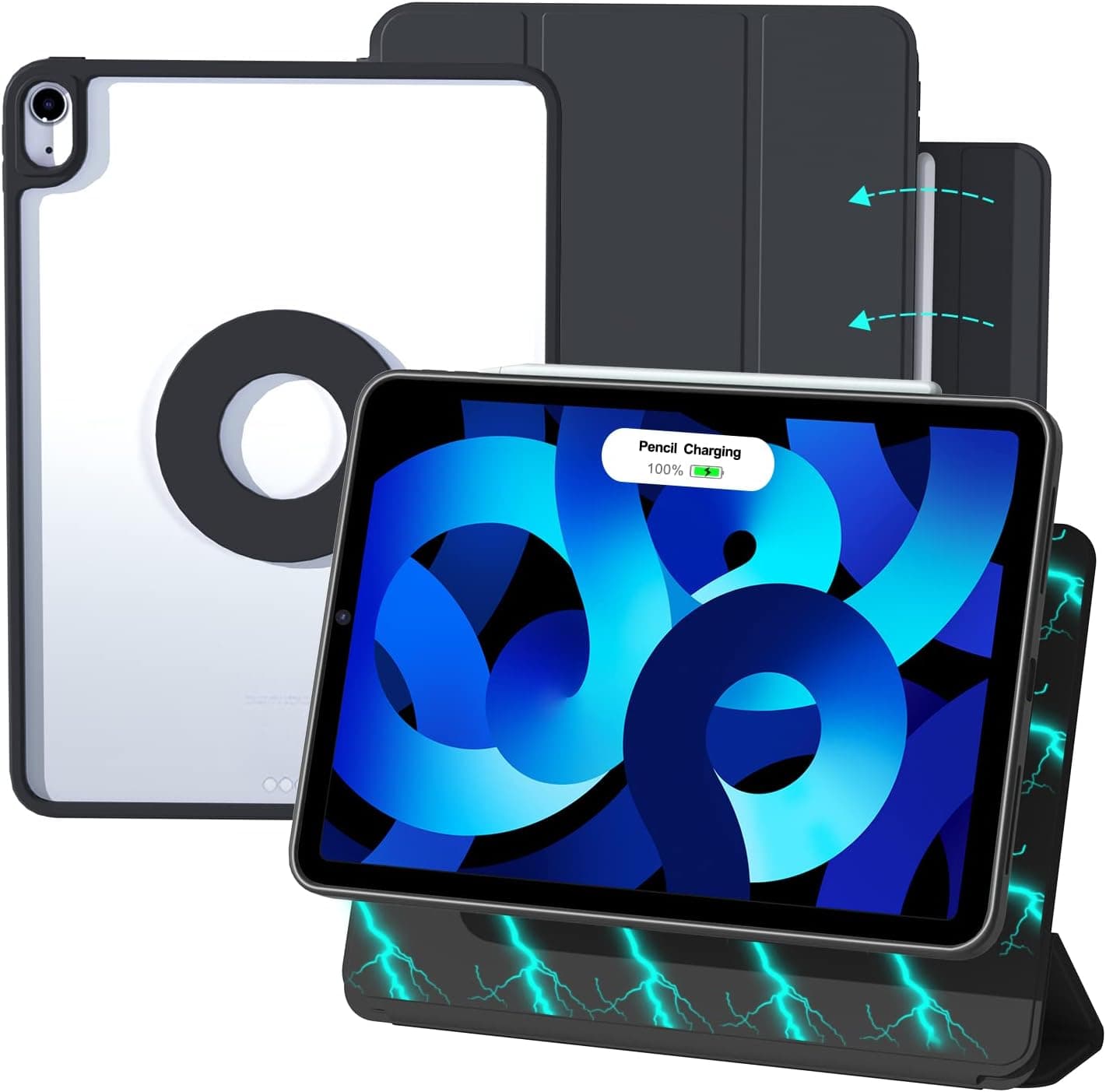 Case for iPad Air 5th/4th Generation 10.9 Inch 2022/2020,360 Rotatable with Powerful Magnet,2 in 1 Detachable Clear Case and Washable Semi-Silicone Protective Cover Smart Folio Support Pen Charger