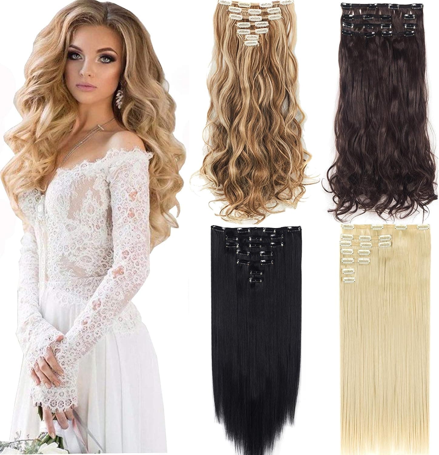 SLLIE 7Pcs 16 Clips Curly Straight Double Weft Clip in Hair Extension Thick Synthetic Hair Extensions Hairpieces