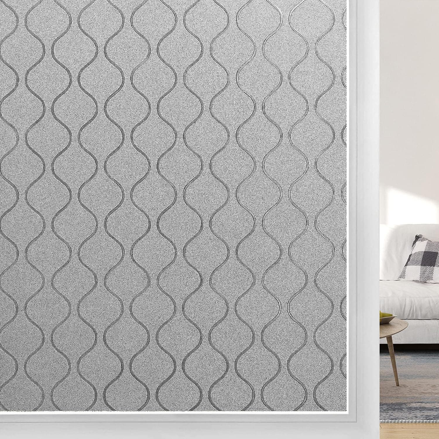 Window Privacy Film, Frosted Glass Film for Windows & Doors, Self Static Cling Decorative Window Stickers Window Tinting for Home Bathroom, Wave Pattern