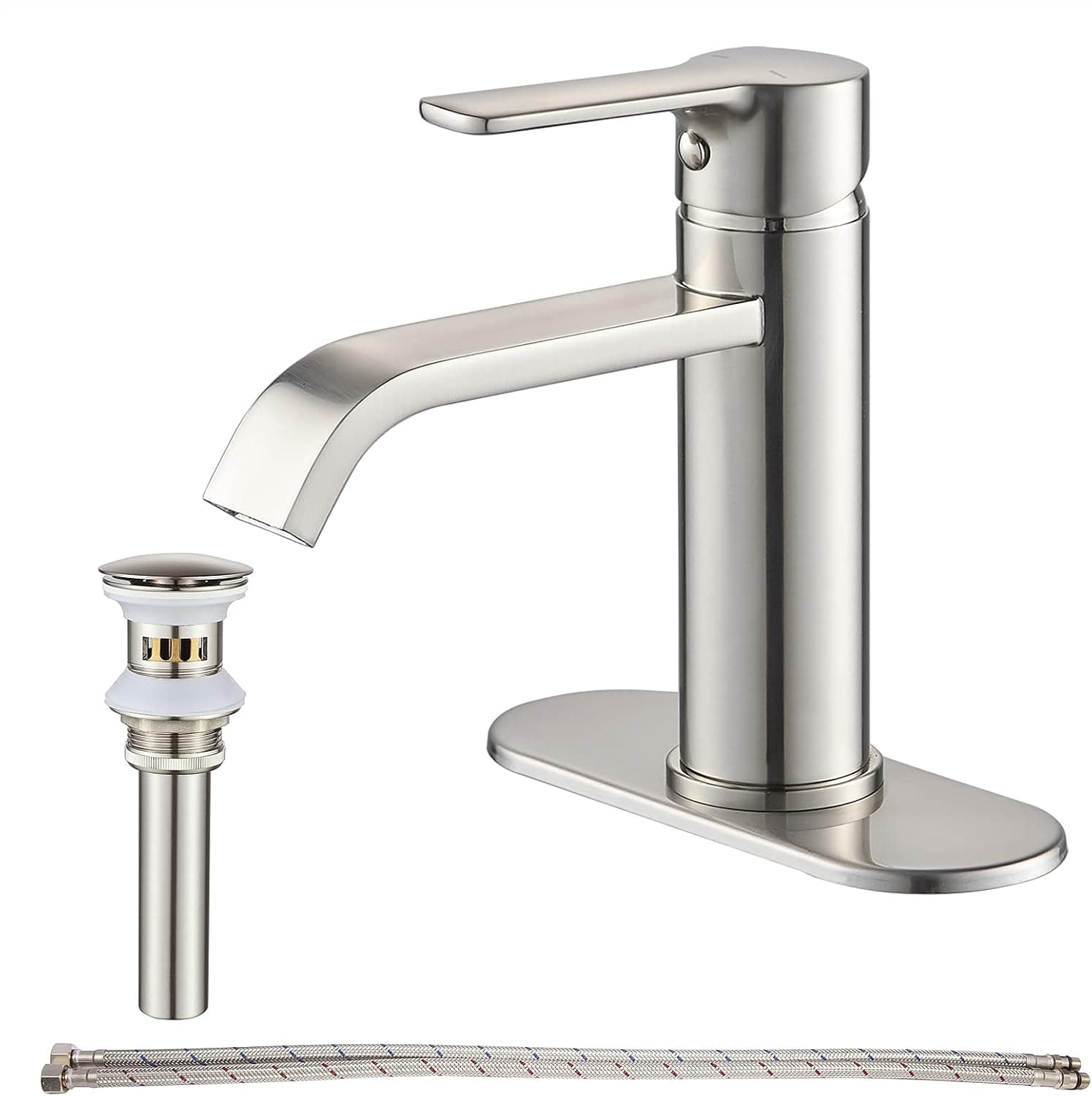 GENBONS Bathroom Faucet Brushed Nickel Waterfall Faucet for Bathroom Sink 1 Hole Single Handle Modern Lavatory Faucet Basin Tap with Pop Up Drain