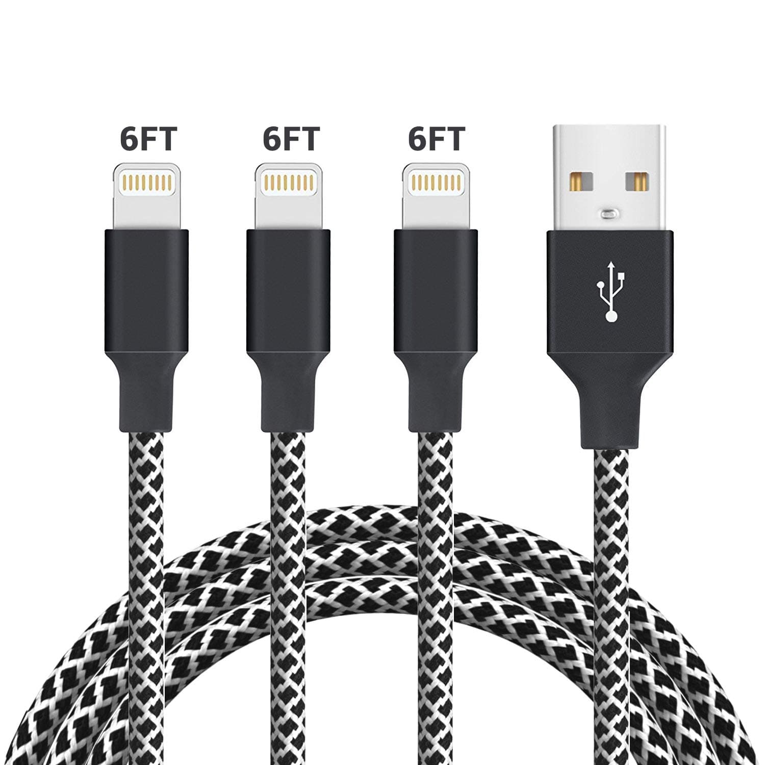 Marchpower iPhone Charger MFi Certified Lightning Cable 3Pack 6ft USB Fast Charging Syncing Cord Nylon Braided iPhone 11 Pro MAX Xs XS MAX XR X 8 7 6 5 Plus S E iPad (White Black)