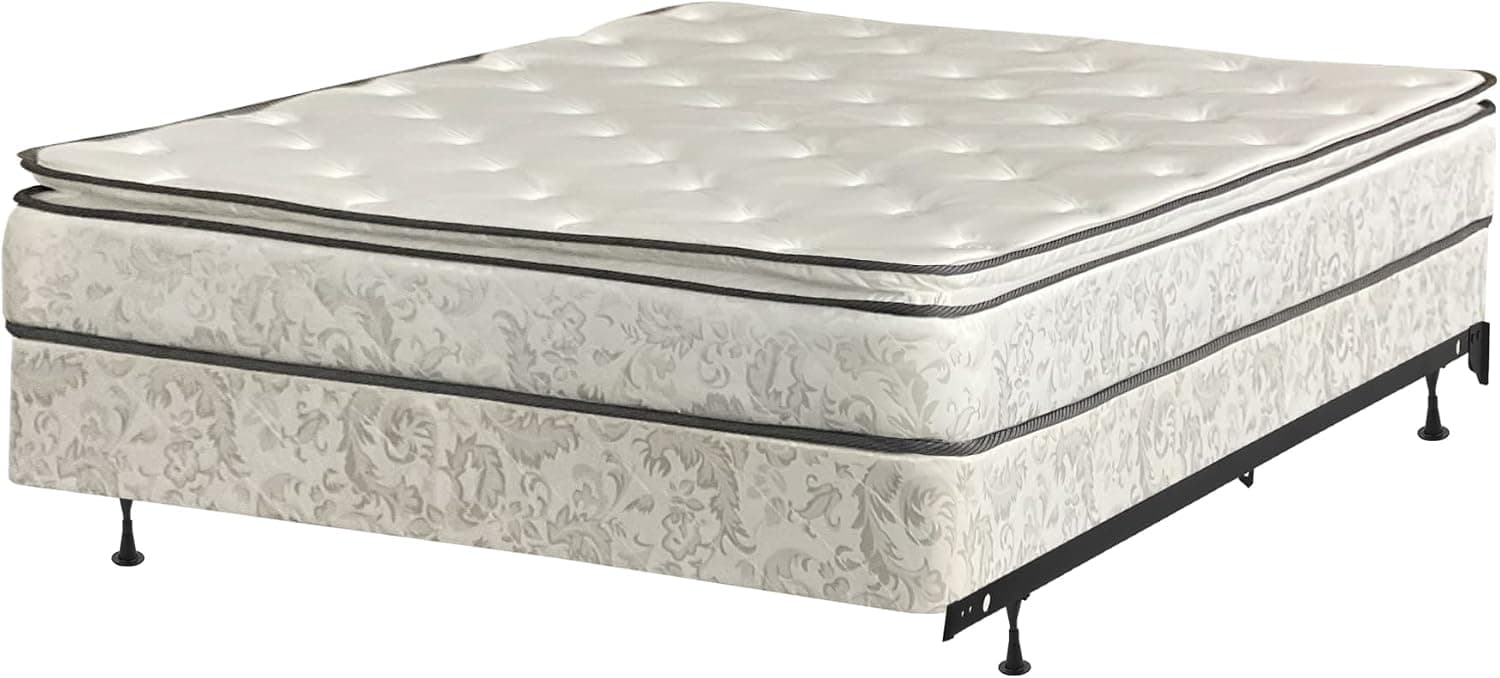 Continental Matress Medium Plush Pillowtop Innerspring Fully Assembled Mattress, and 8" Split Wood Box Spring/Foundation Set with Frame, California King