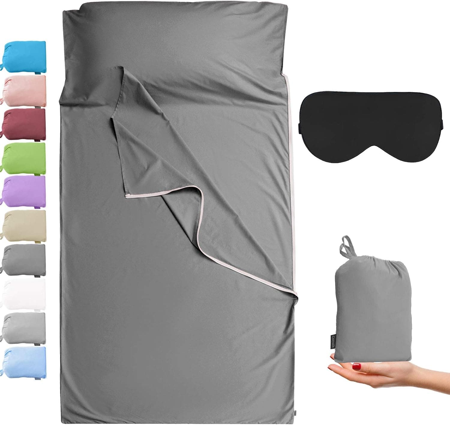 Cozysilk Brand - GANNAFEE Cotton Sleeping Bag Liner with Zipper - 100% Cotton Travel Sheet Sleep Sack Adult - Travel Sleeping Bag for Hotels Camping Hiking