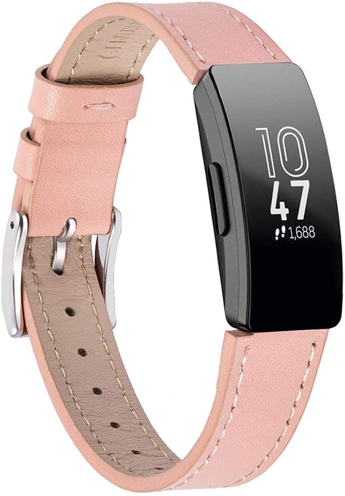 Genuine Leather Bands Compatible for Fitbit Inspire 2 / Inspire HR / Inspire, Classic Replacement Accessories Strap Genuine Leather Wristbands Metal Connectors Women Men Small Large Pink