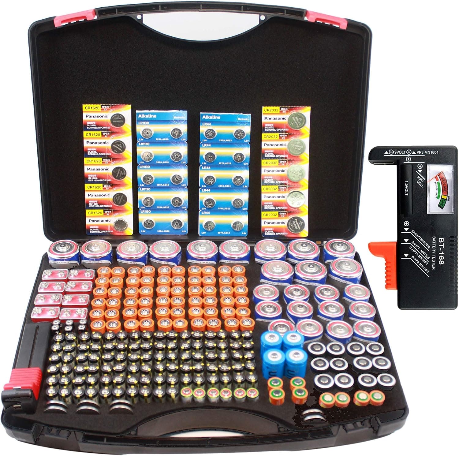 Hard 250 Battery Storage Organizer case with Tester, fit 12 C, 12 D, 60 AA, 90 AAA and AAAA, Button Cell, 3V SF/CR123A, 3.7V 18650, 6V 4LR44, 9V, 12V A23 Batteries(no Batteries)