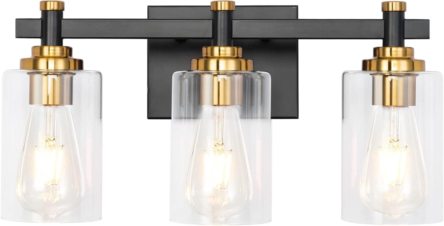 ZCHAOZ 3 Light Bathroom Vanity Light Black and Gold Bathroom Light Fixtures with Clear Glass Shade Brass Modern Wall Sconce Lighting Industrial Wall Light Fixtures for Living Room, Porch, Bedroom