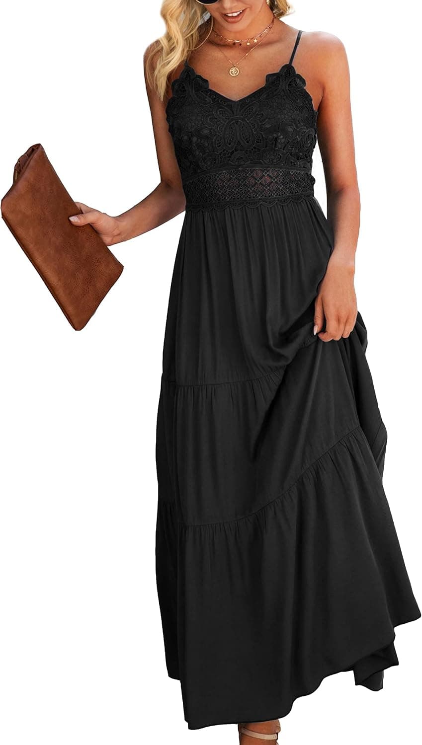 Dokuritu Women's Beach Crochet Lace Maxi Dress Solid Color Summer Vacation Spaghetti Strap Long Dress 2023