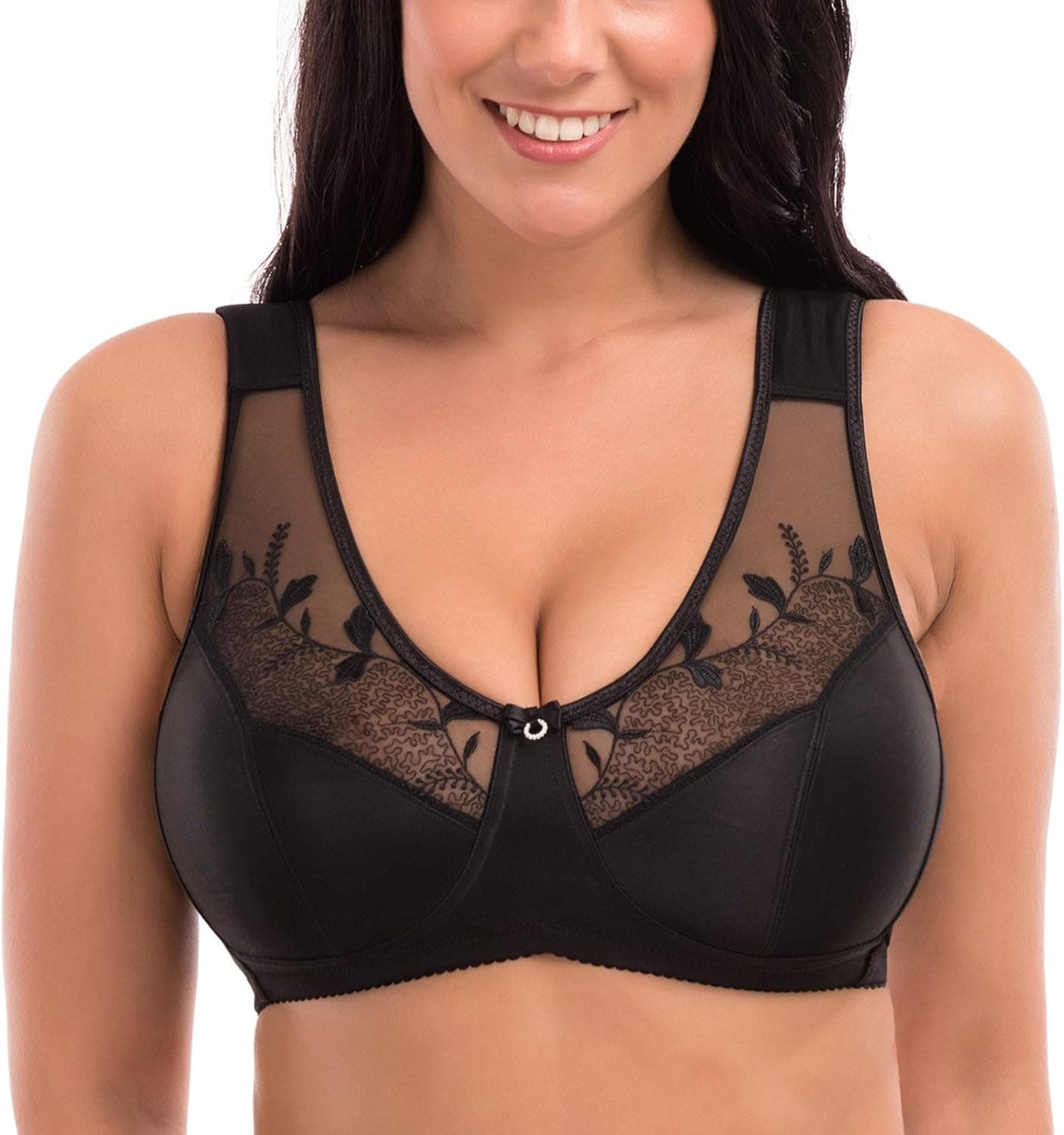 DELIMIRA Women's Embroidered Full Coverage Wire Free Soft Cups Minimizer Bra Black 36DD