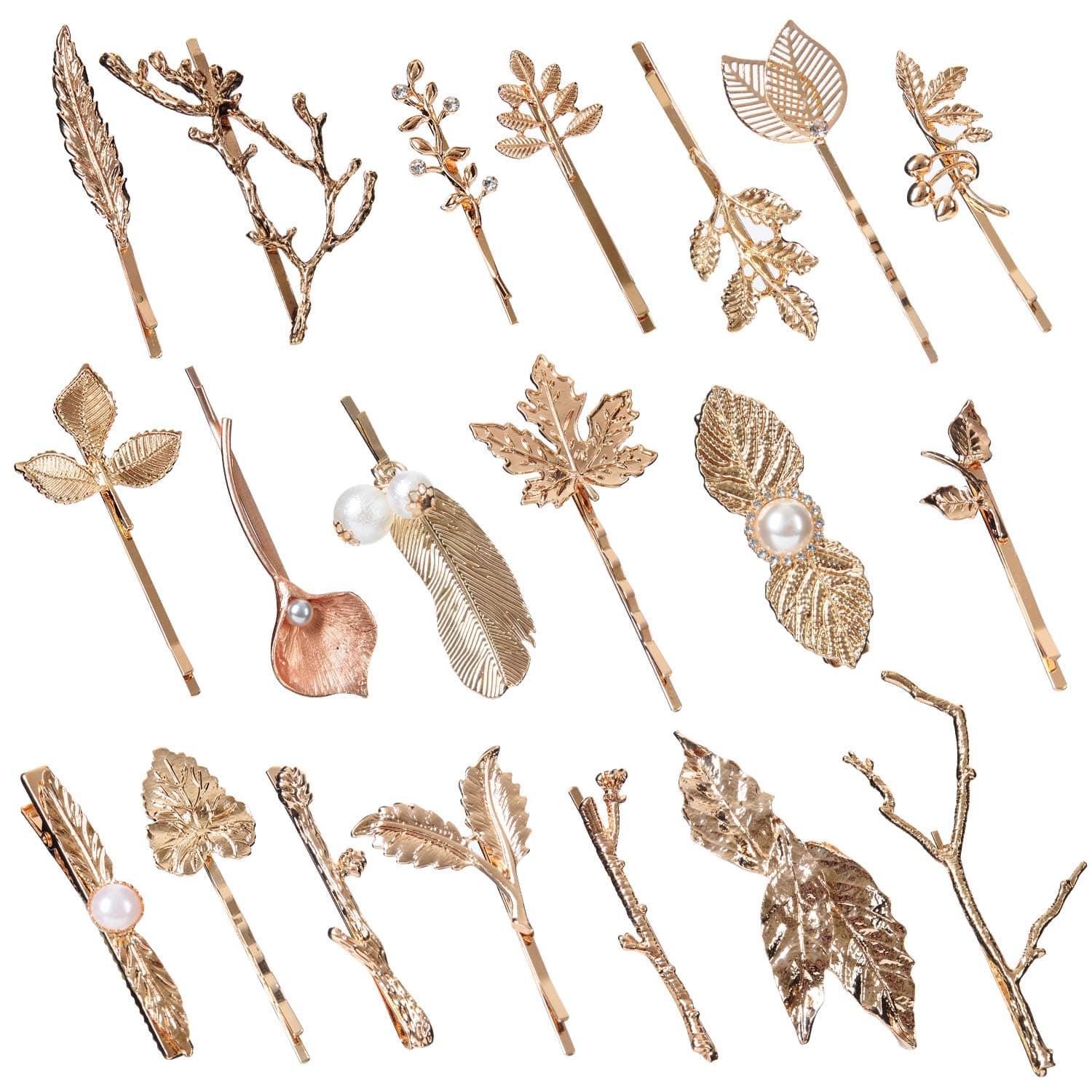 20 Pack Hair Clips for Women Girls Gold Vintage Retro Rhinestone Flower Branch Leaf Peal feather Hair Clips Snap Alligator Barrette Metal Hair Clips (Gold& Rose Gold)