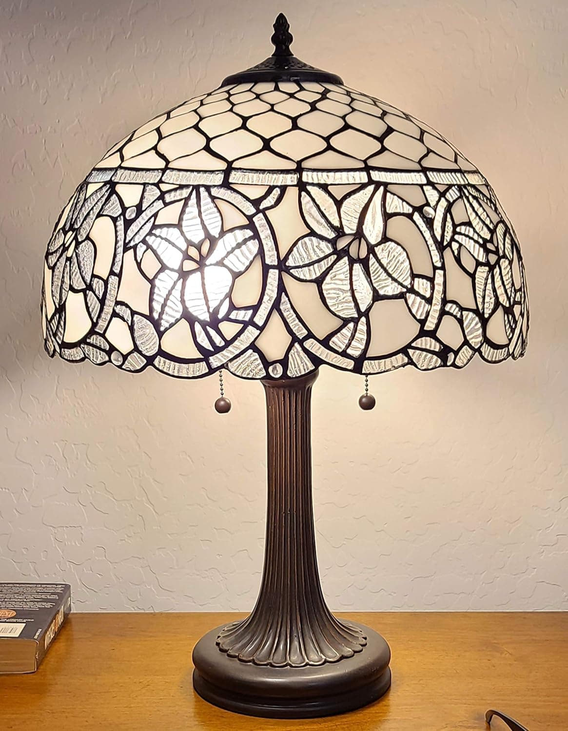 Tiffany Style Table Lamp Banker 24" Tall Stained Glass White Mahogany Elegant Vintage Antique Light Décor Nightstand Living Room Bedroom Handmade Gift AM273TL16B Amora Lighting