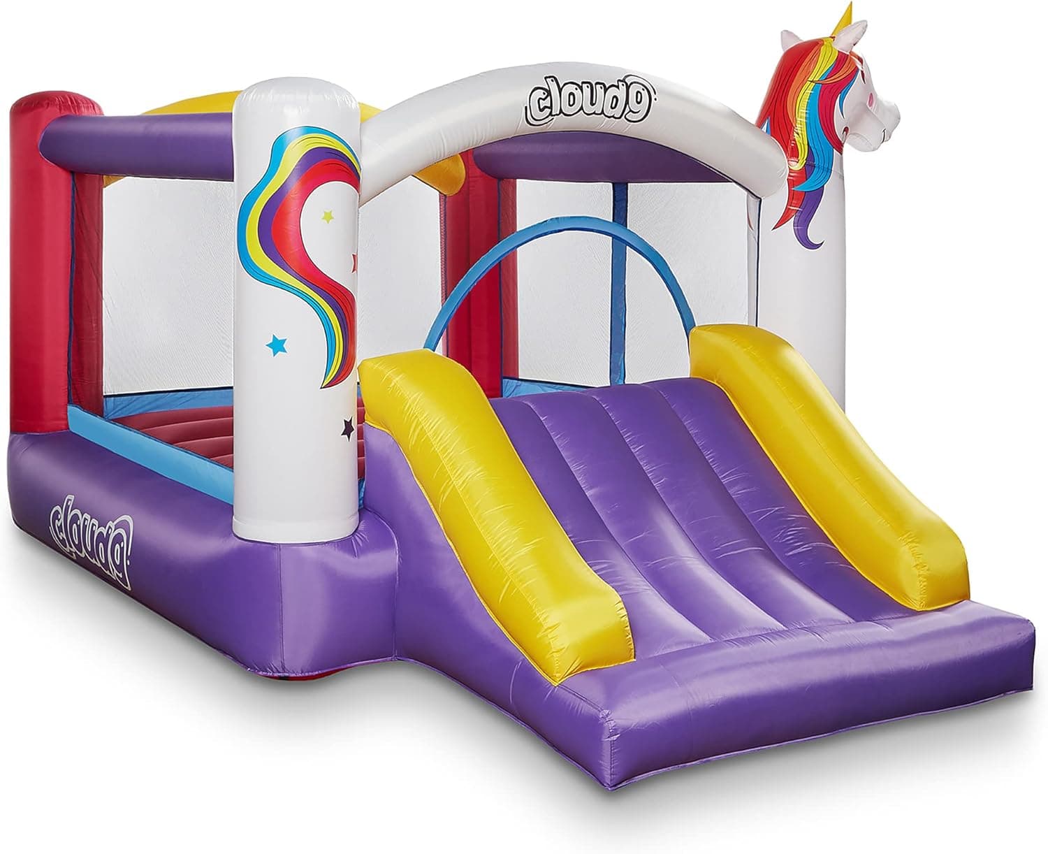 Cloud 9 Inflatable Bounce House and Blower, Unicorn Theme Bouncer for Kids with Slide, Includes Stakes and Repair Patches
